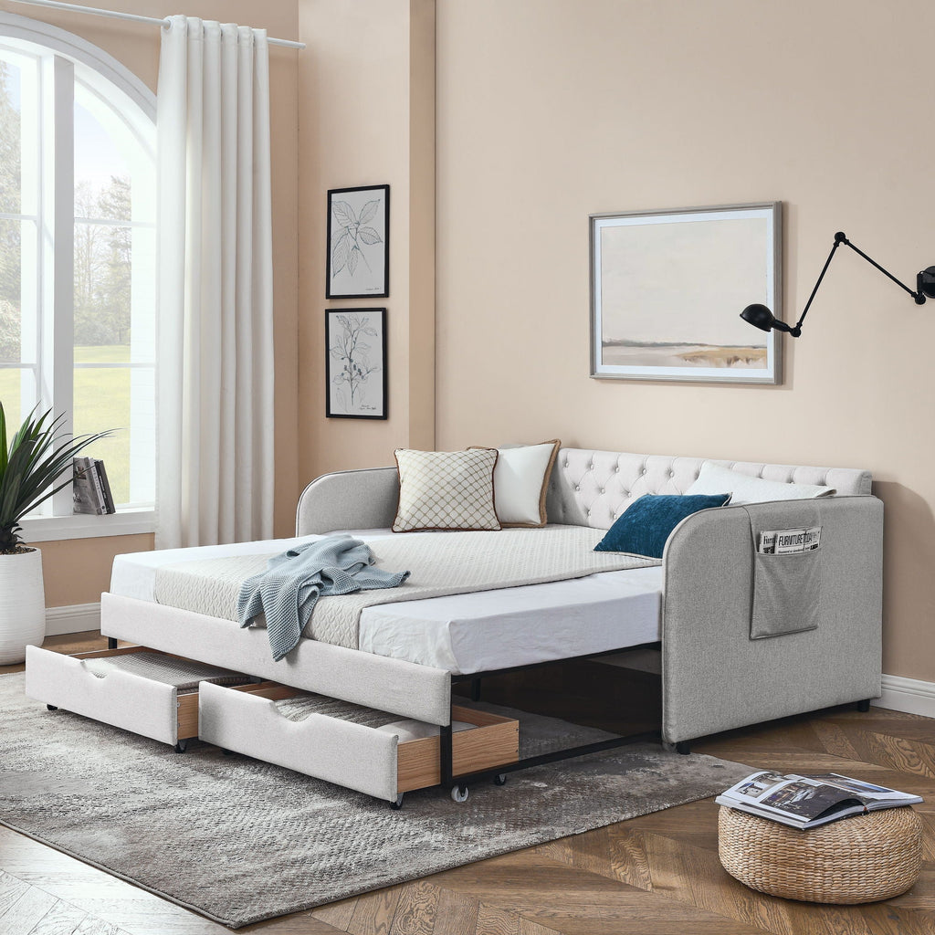 Daybed With Trundle And Storage Drawers, Flat Arms With Pocket