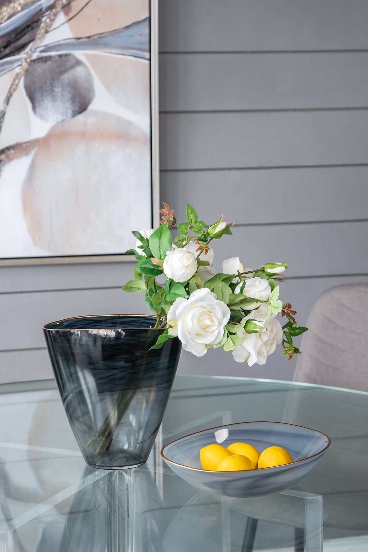 9.3x4.7x9.3' Smokey Black Glass Vase with Gold Rim