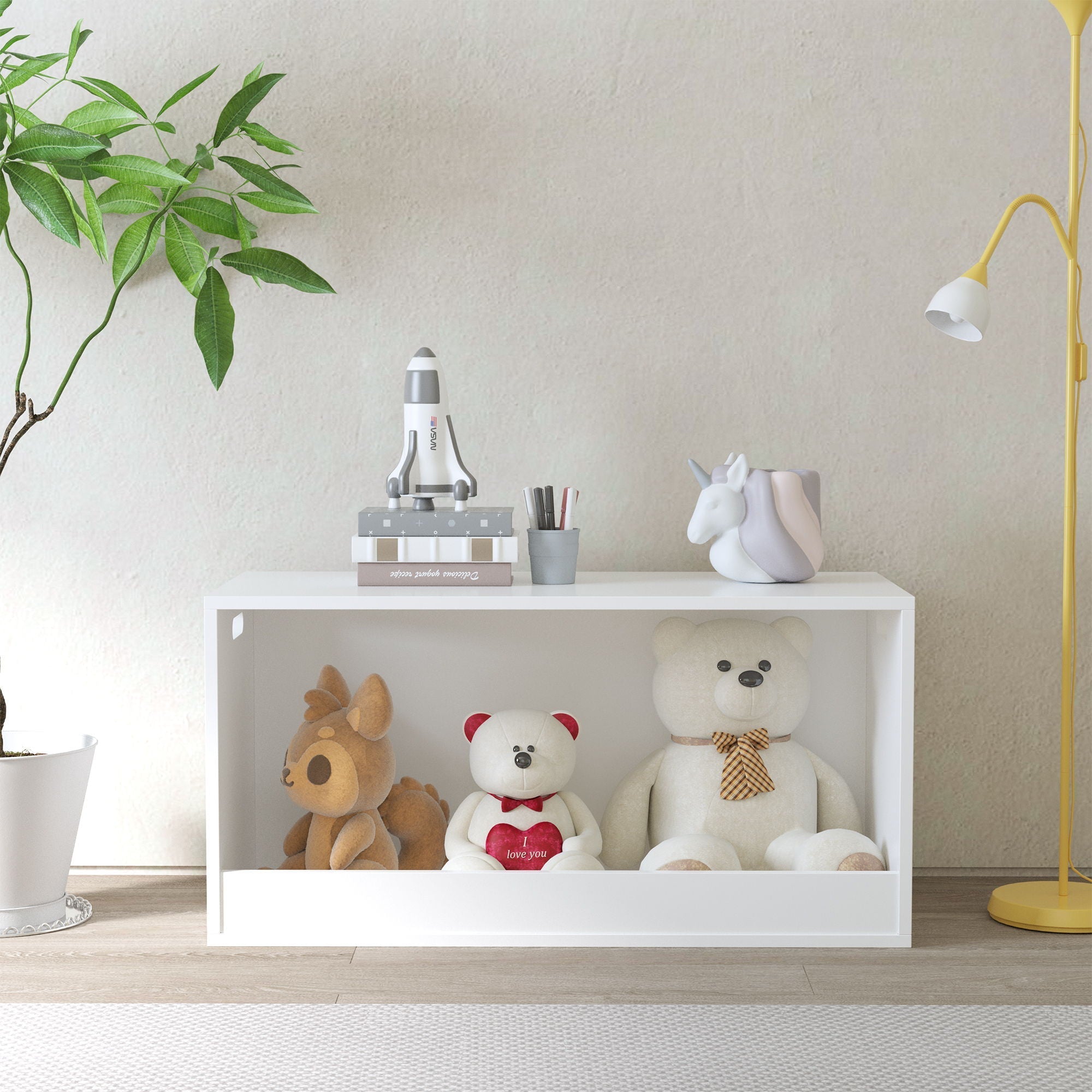 Open Toy Storage Box For Kids, Organizer Bin For Plush Toys, Books - White