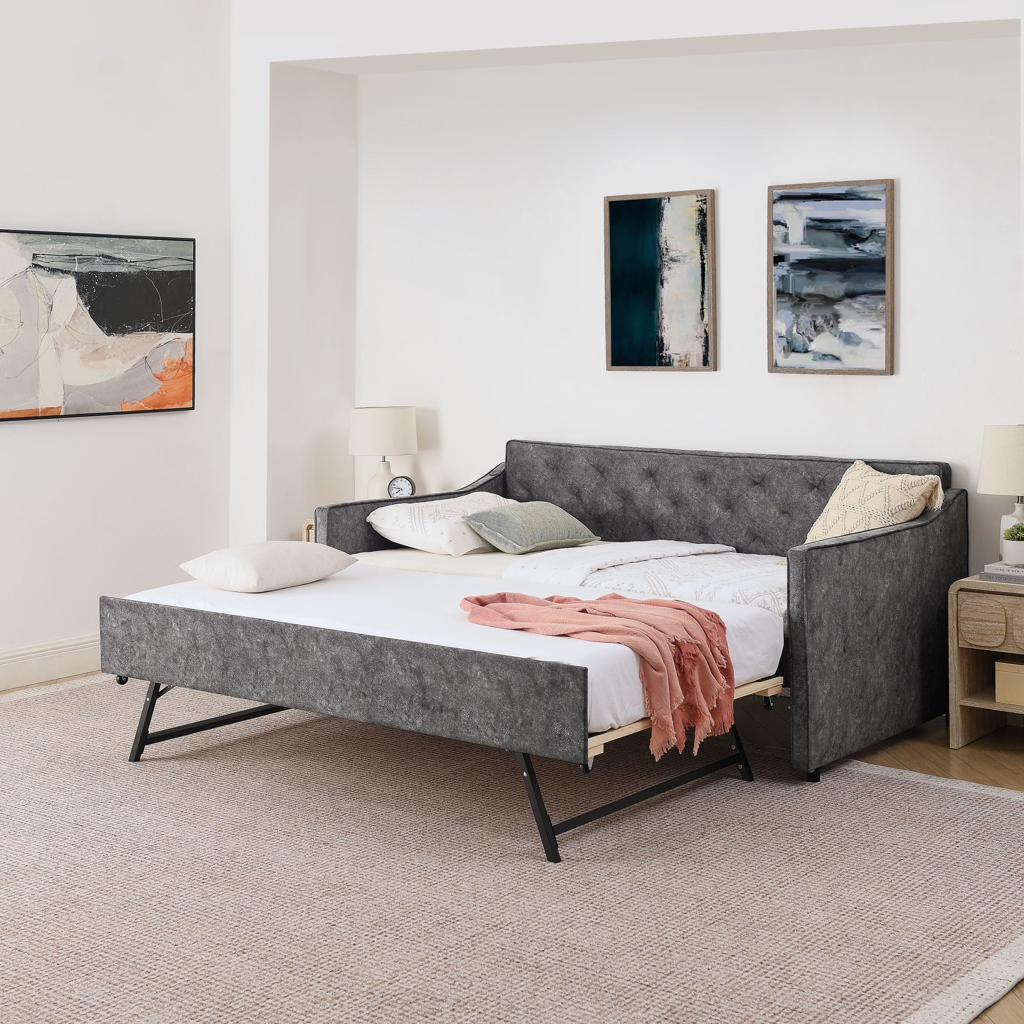 Daybed With Pop Up Trundle And USB Charging Armrest