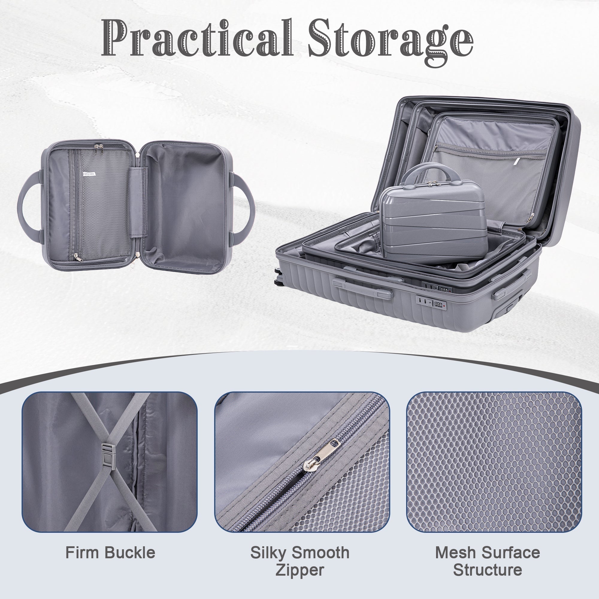 4-Piece PP Spinner Wheel Luggage Set with Cosmetic Case, Light Gray