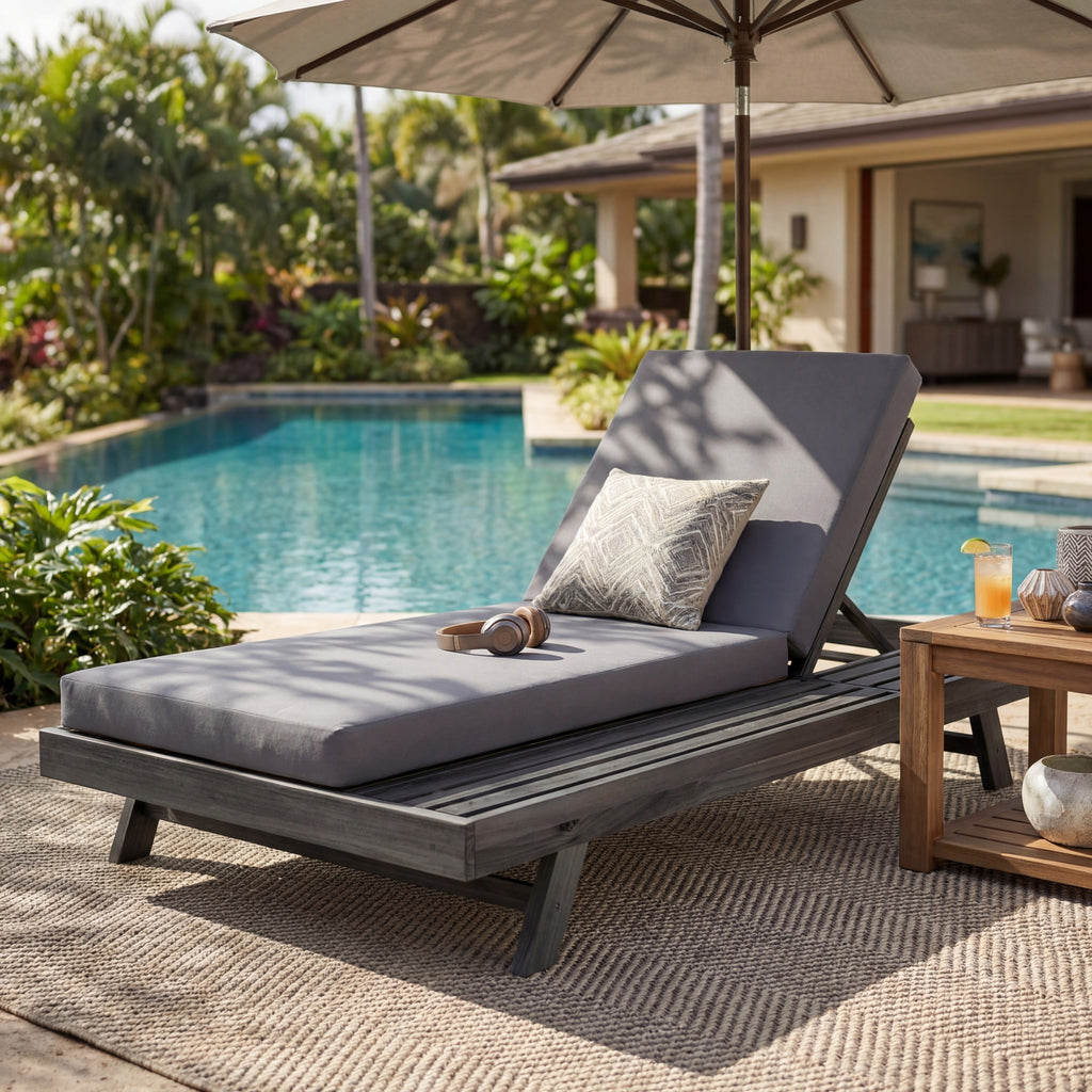 Lounge Chaise Set in Black Acacia Wood with Water-Resistant Cushions