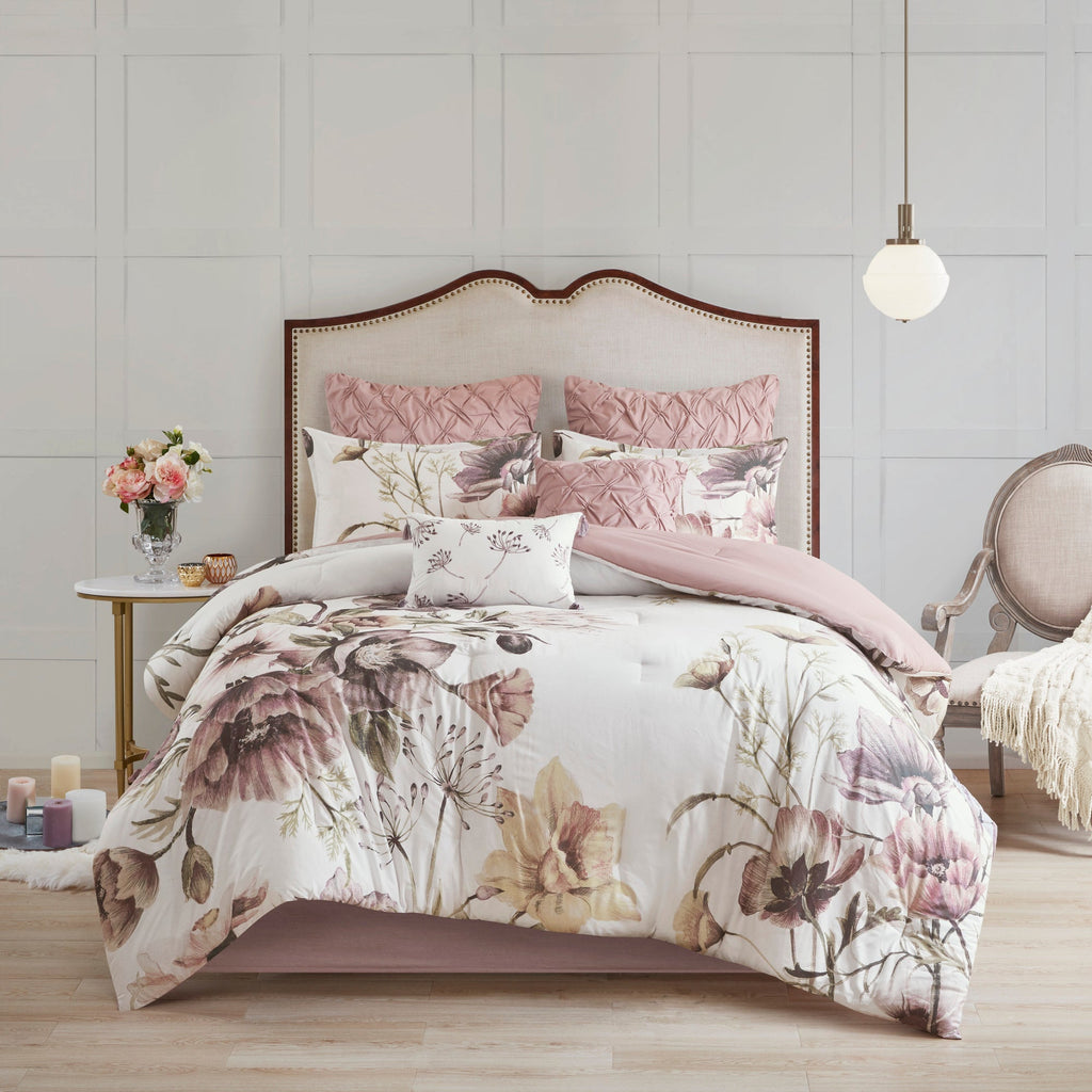 8 Piece Cotton Printed Comforter Set Blush California King