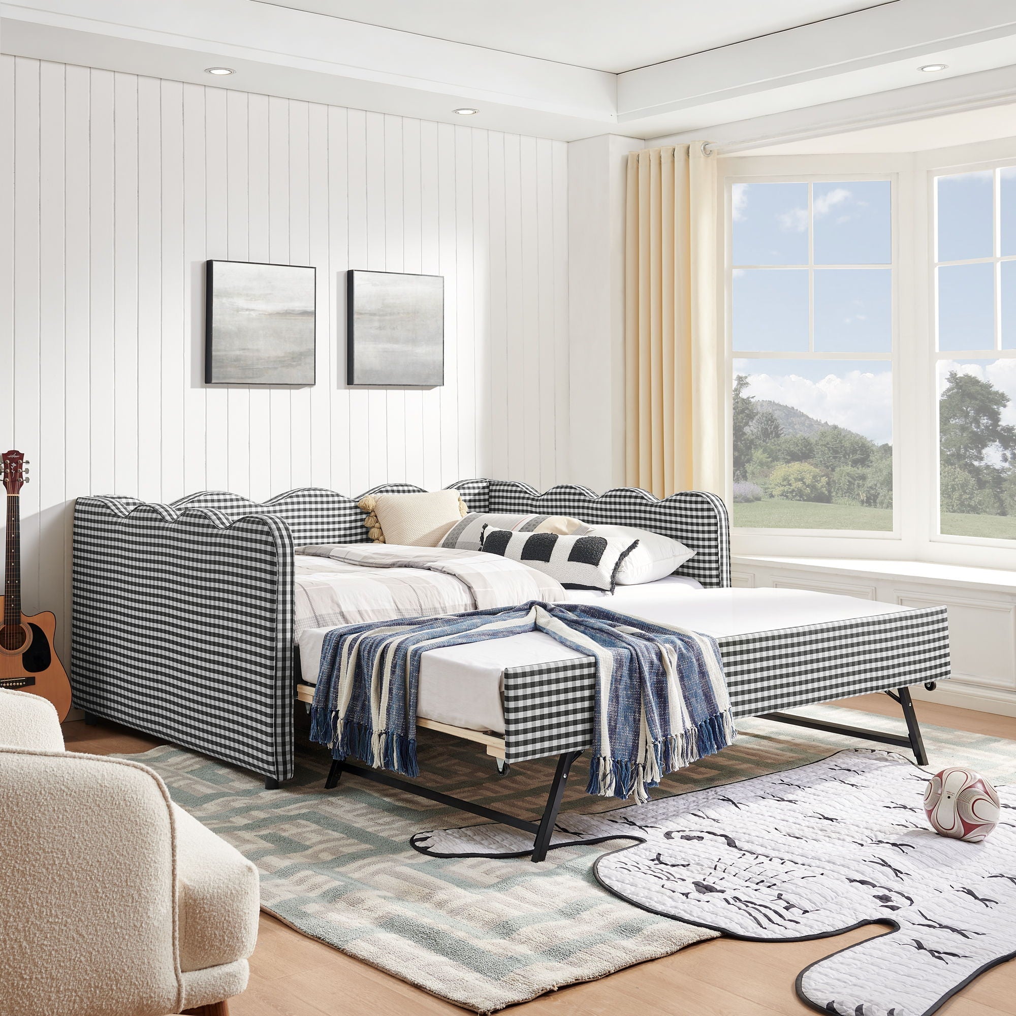 Gingham Daybed With USB Charging Port, Wave-Shaped Design