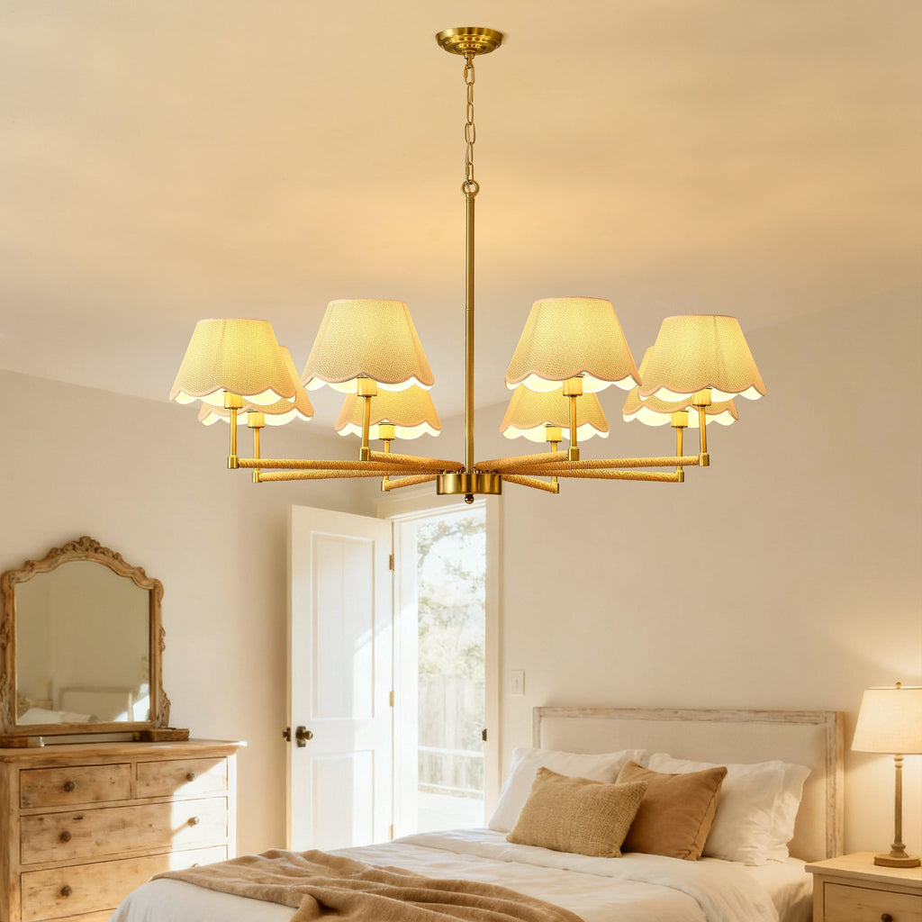 8-Light Rope and Fabric Shade Gold Chandelier