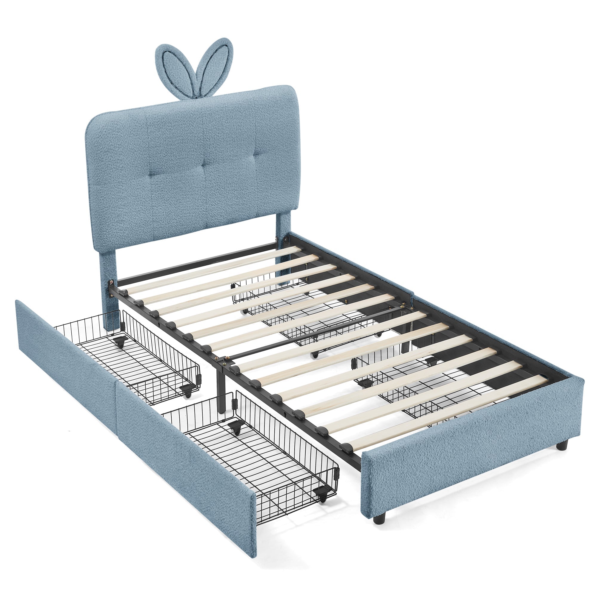Twin Size Kids Upholstered Bed with Oversized Rabbit Ear Headboard