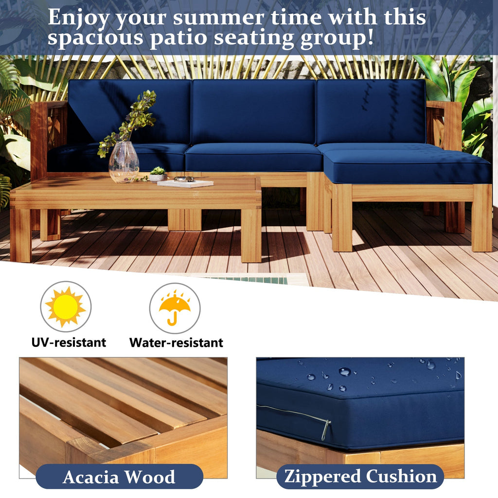 TOPMAX Outdoor 5-Piece Wood Sectional Patio Sofa Set with Blue Cushions