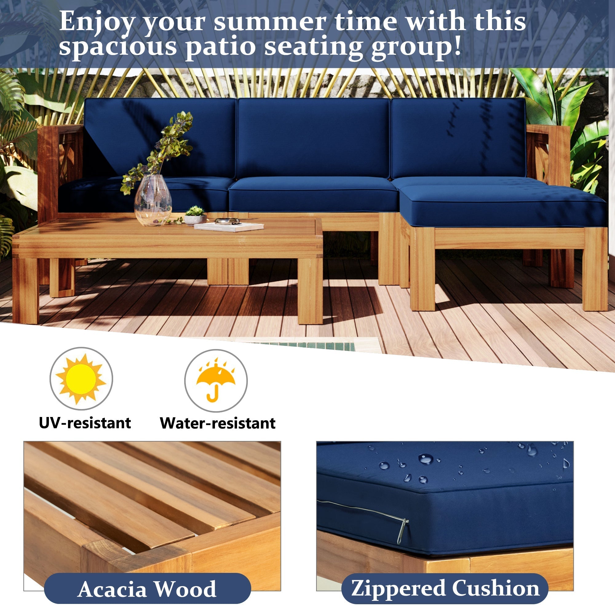 TOPMAX Outdoor 5-Piece Wood Sectional Patio Sofa Set with Blue Cushions