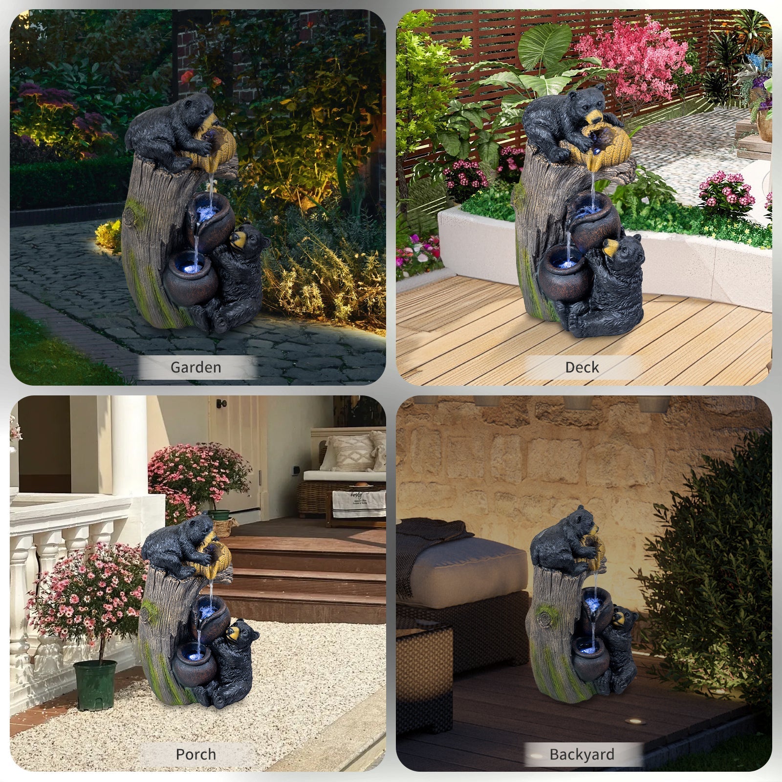Bear Outdoor Water Fountain with LED Lights