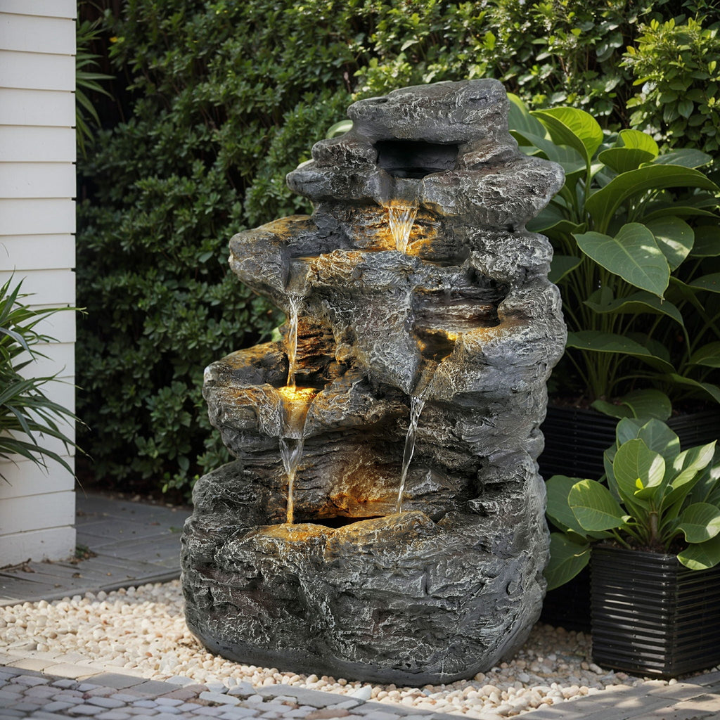 Concrete Rock Waterfall Fountain with LED Lights
