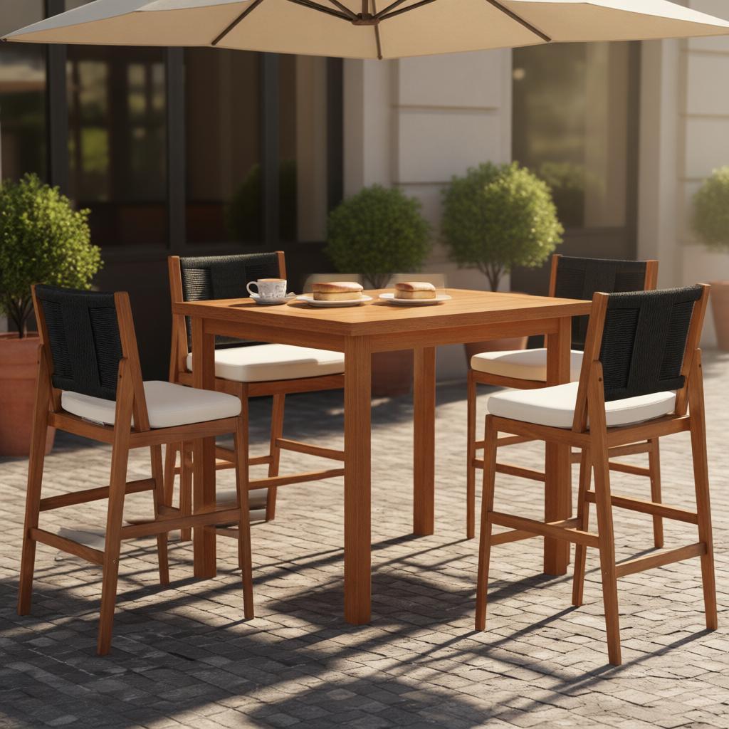 4 Pieces Arly Black Outdoor Bar Stool Solid Acacia Wood and Woven Wicker