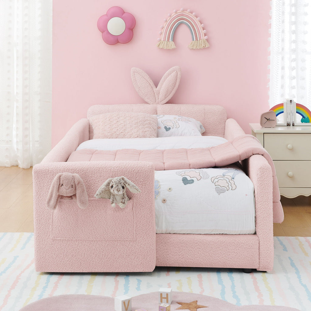 Cute Rabbit Ear Upholstered Platform Bed Frame With Safety Rail
