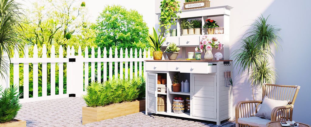 TOPMAX 65.7" Tall Garden Potting Bench Table with Hutch