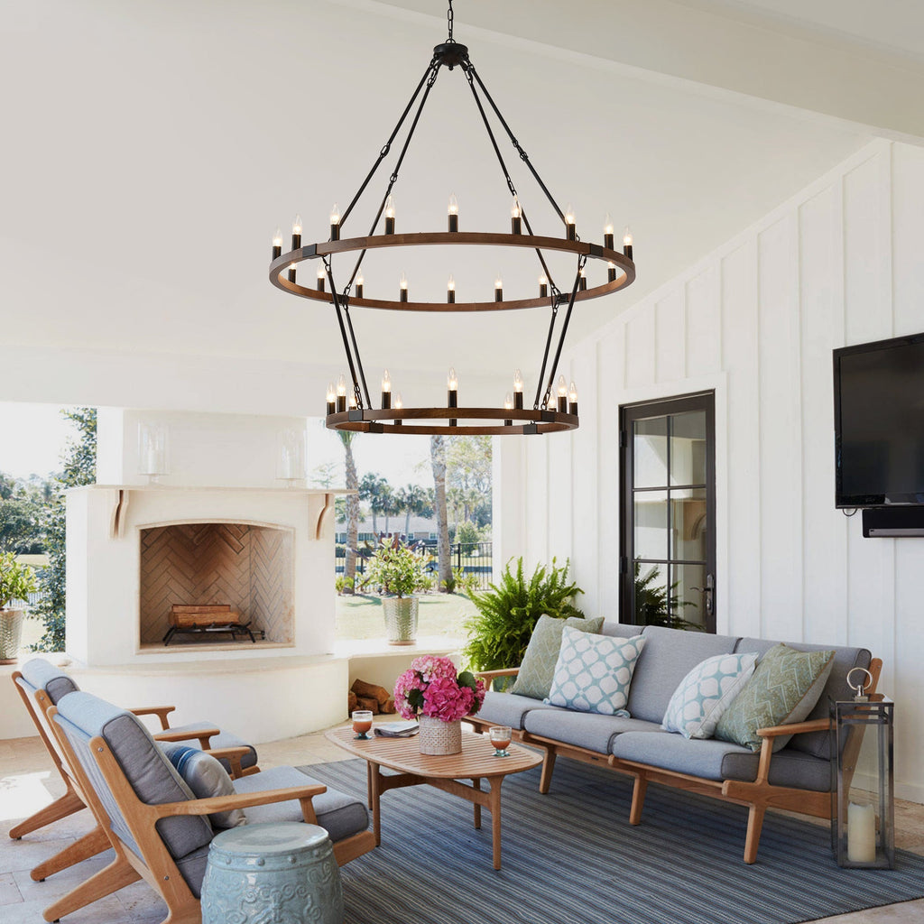 Large Solid Wood Wagon Wheel Chandelier, 2-Tier 32-Lights