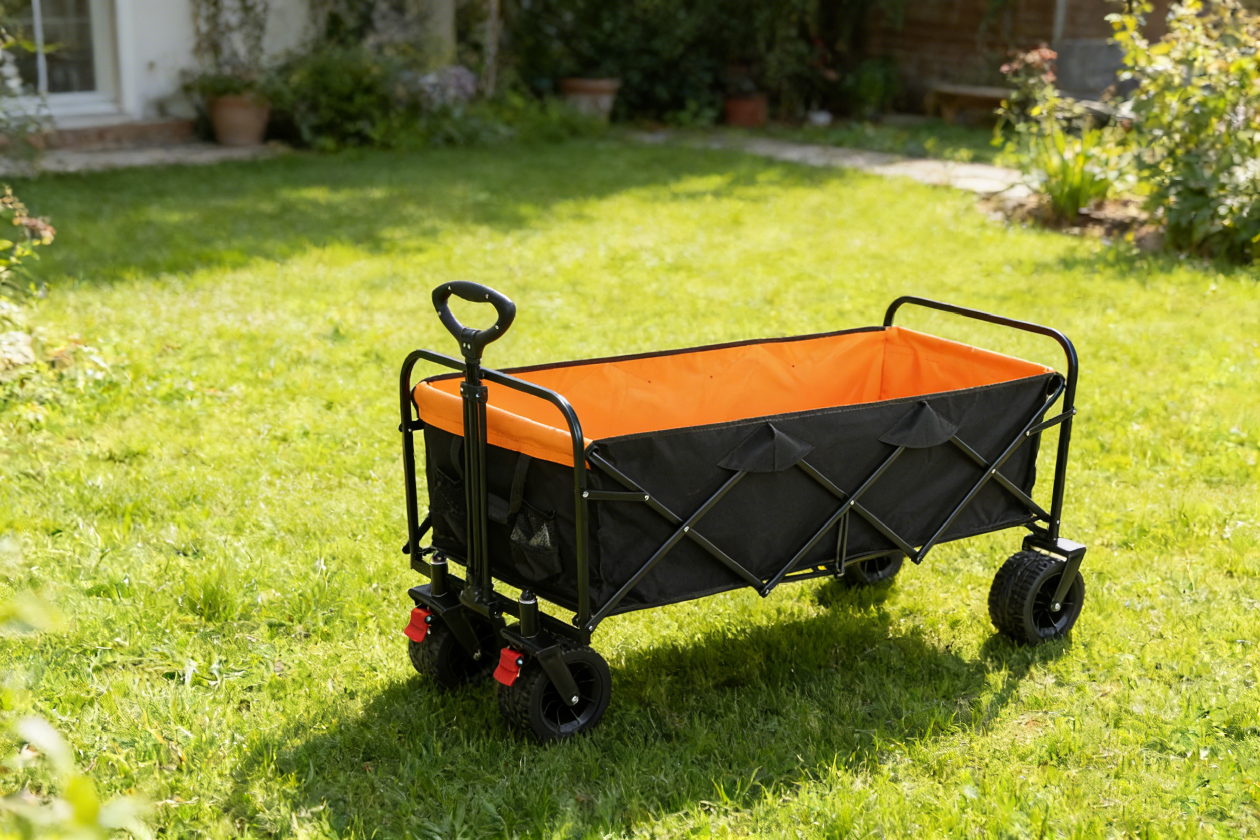 Big Large Capacity Folding Wagon Cart with Extender (Black + Orange)