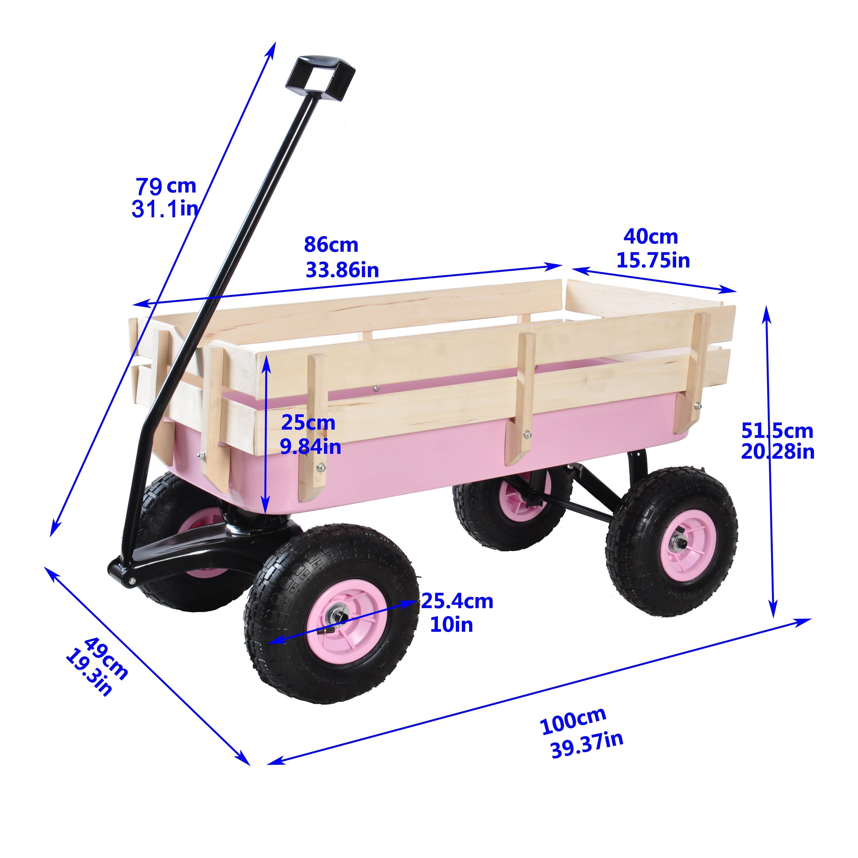 Outdoor All Terrain Garden Wagon with Wooden Railings and Pneumatic Tires