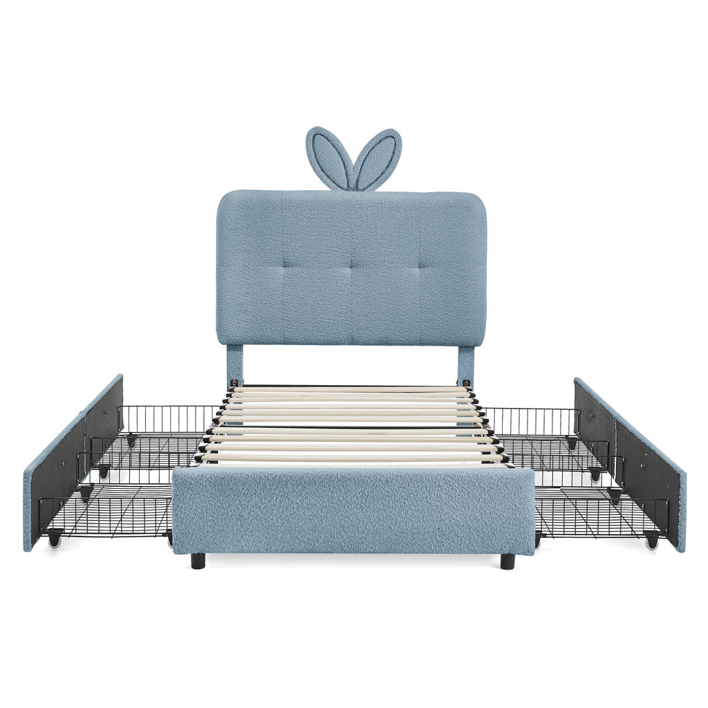 Twin Size Kids Upholstered Bed with Oversized Rabbit Ear Headboard