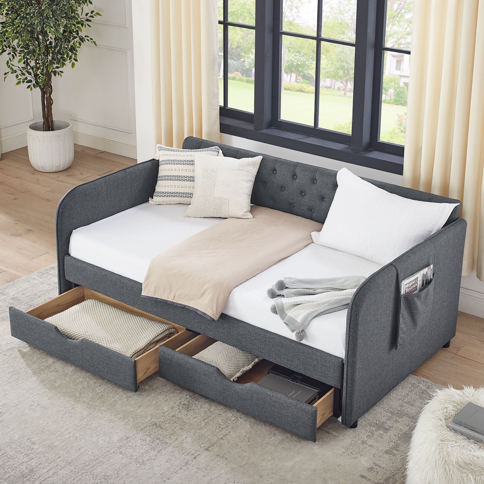 Daybed With Trundle And Storage Drawers, Flat Arms With Pocket