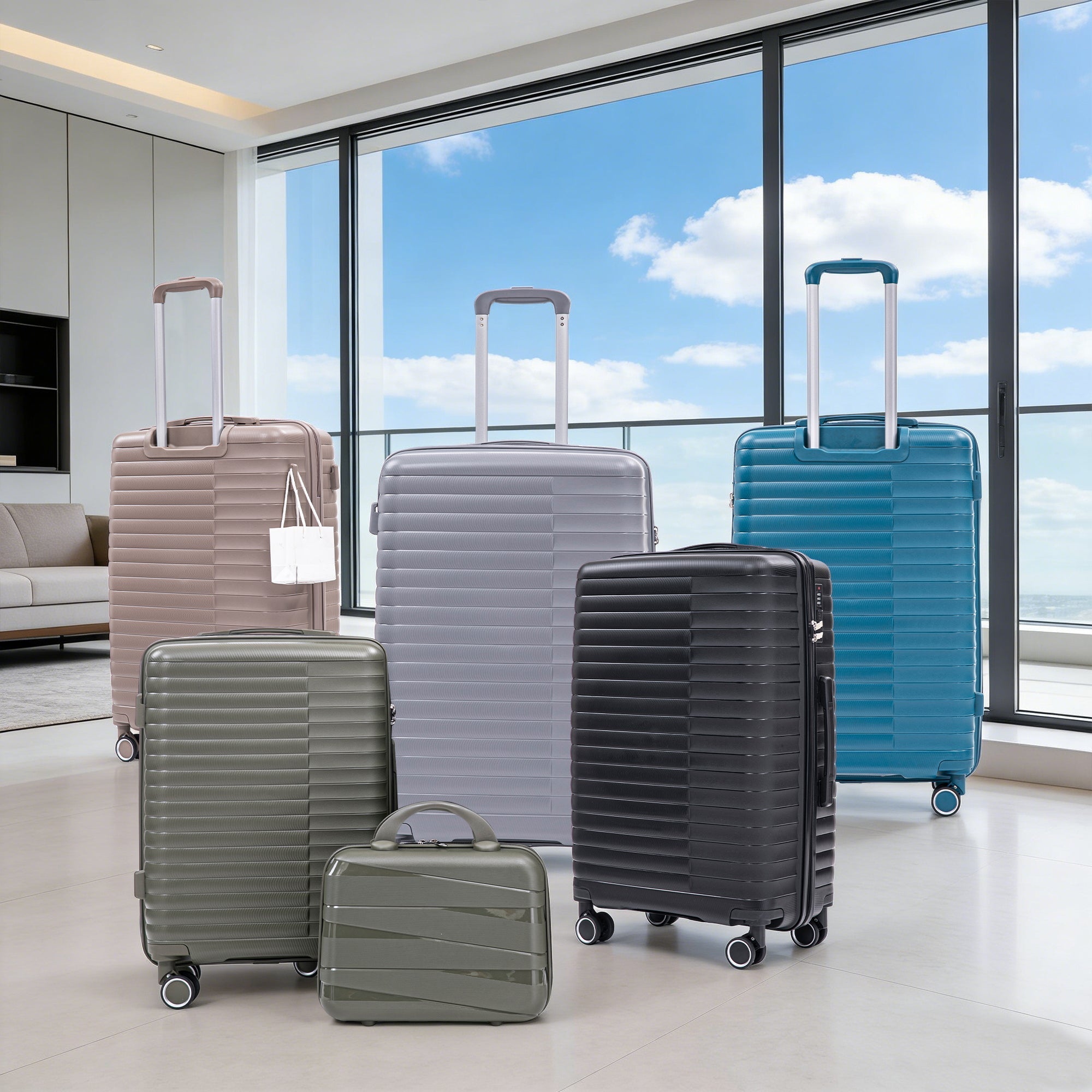 4-Piece PP Spinner Wheel Luggage Set with Cosmetic Case, Light Gray