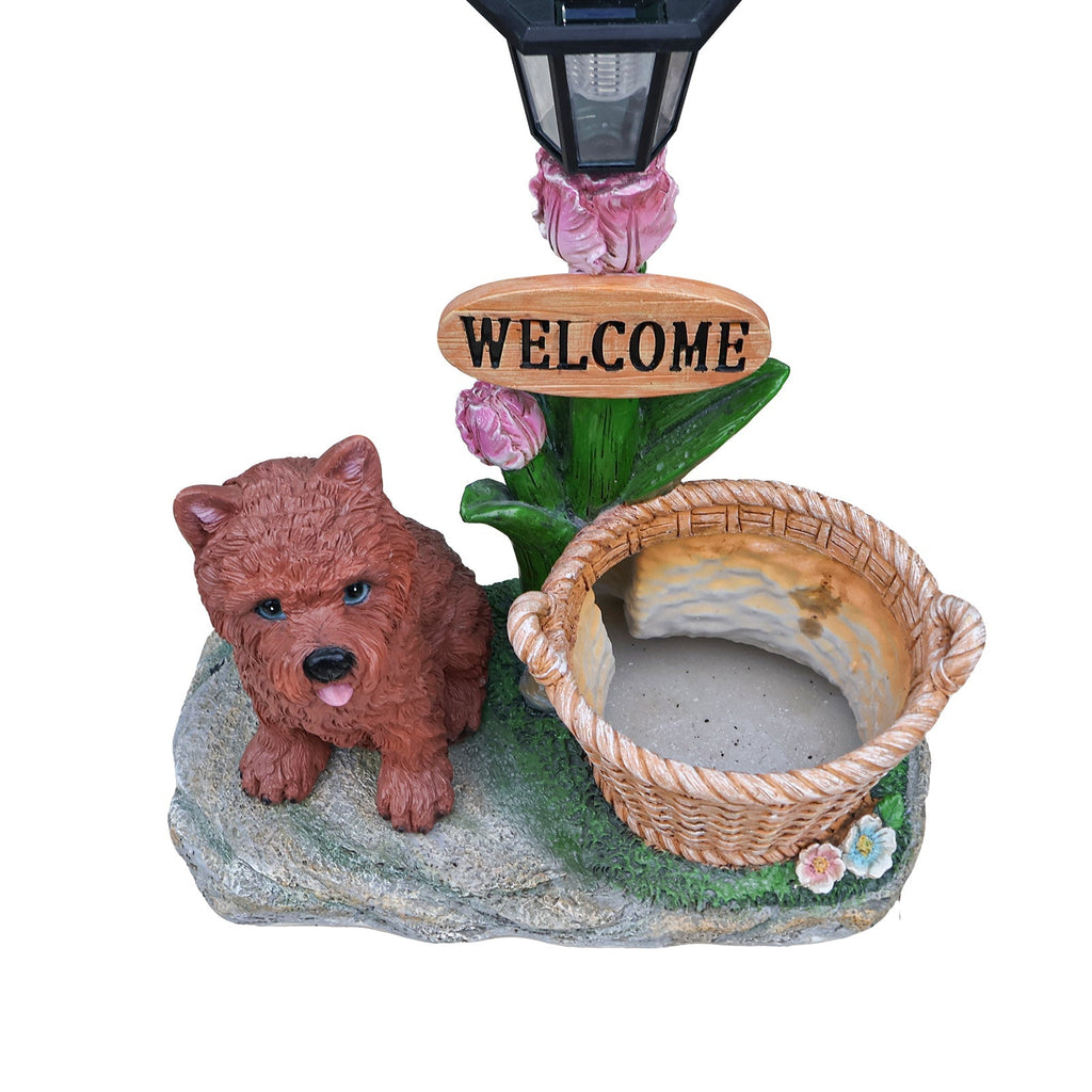 Sitting Puppy Solar Planter Outdoor Statue