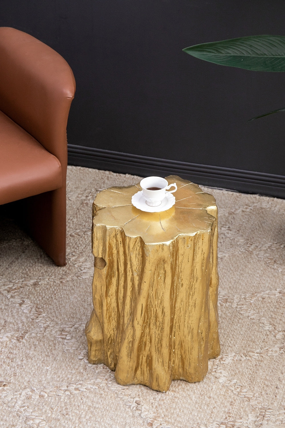 Unique Golden Tree Trunk Stool with Antique Gold Distressed Finish