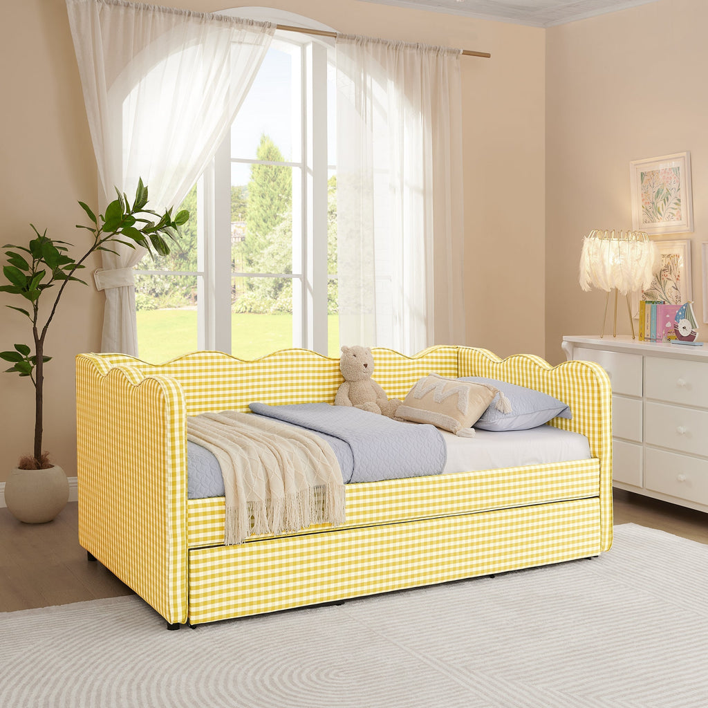 Cozy Gingham Daybed with Trundle Twin Size Sofa Bed
