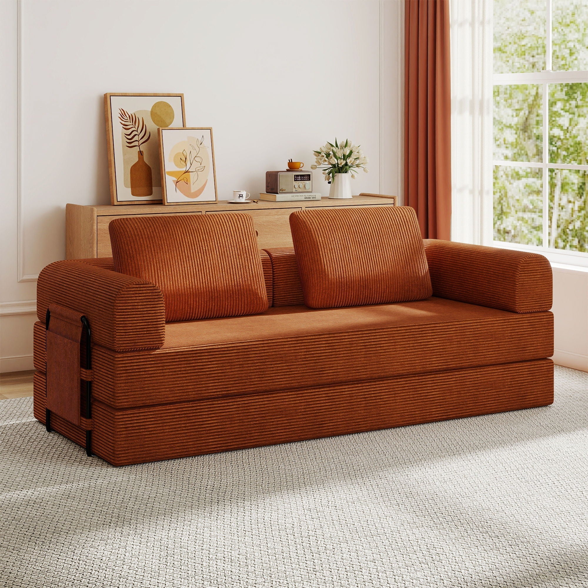Convertible Sleeper Sofa Bed With Cylindrical Pillow