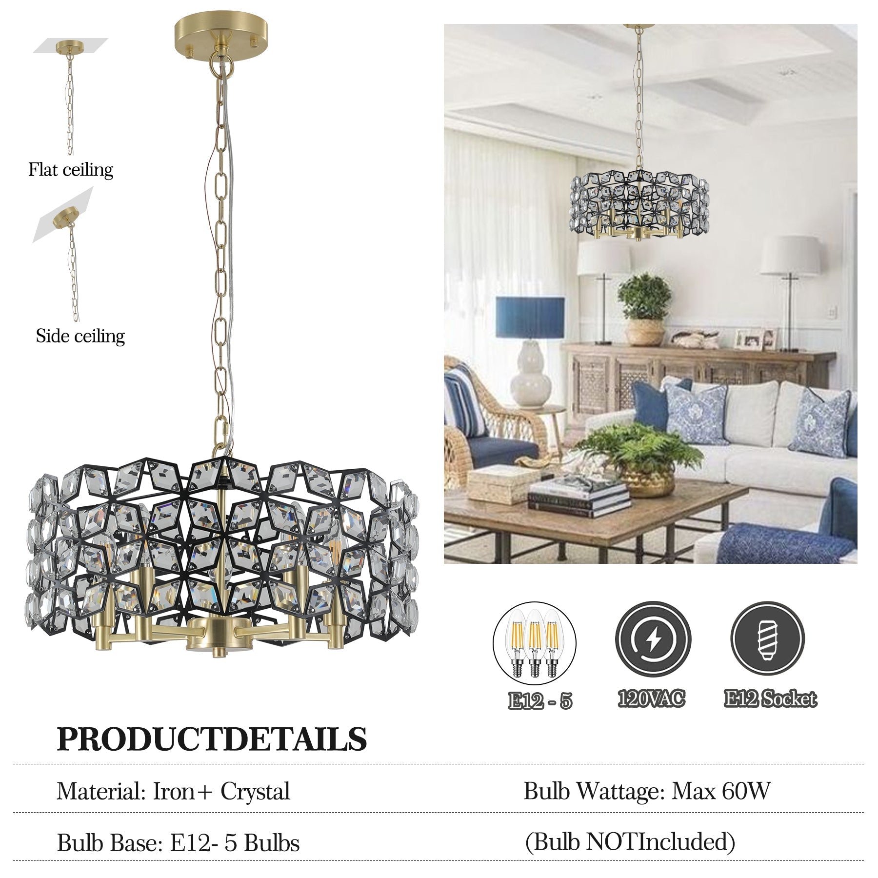 19" Geometric Crystal and Black Gold Round Pendant Chandelier