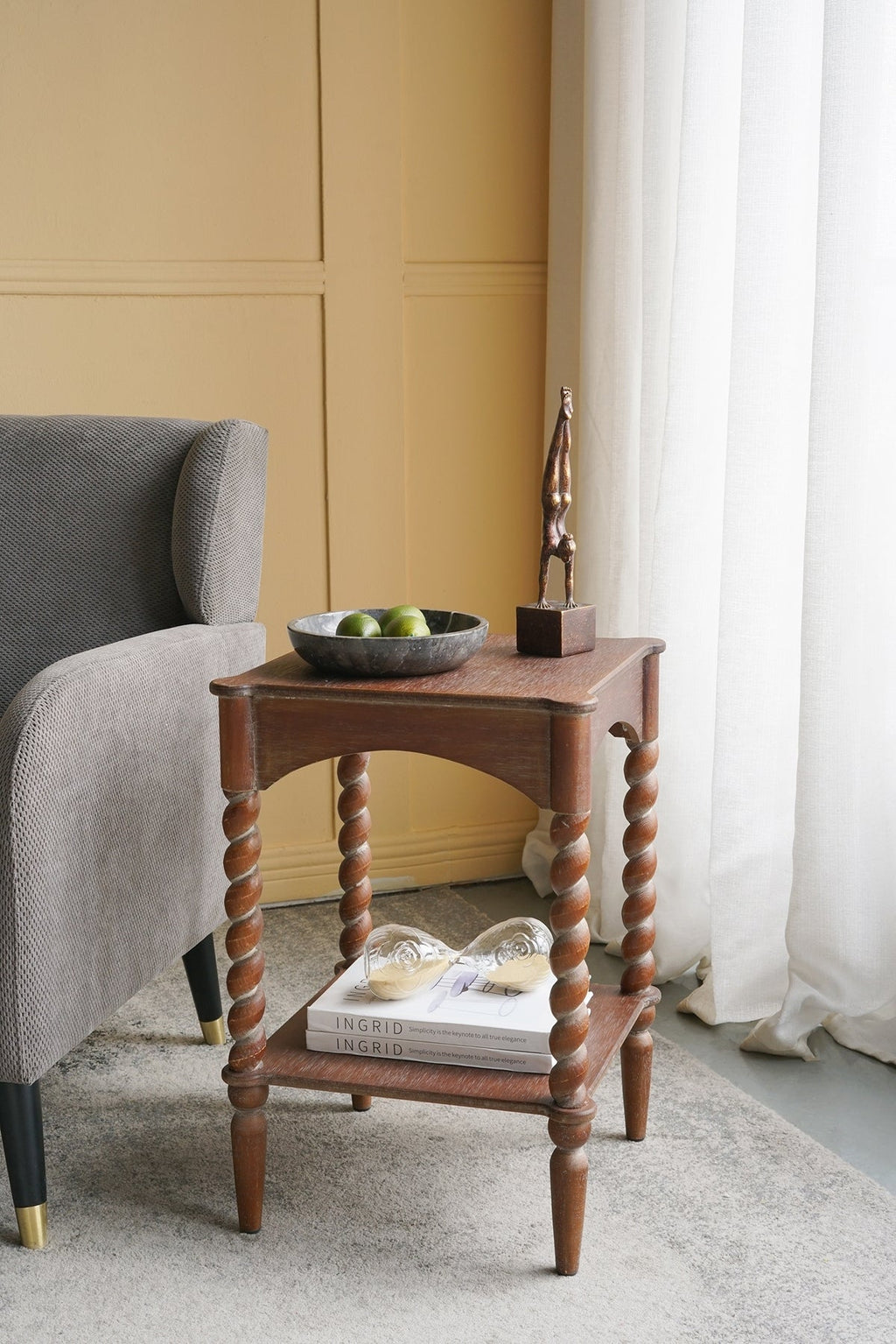 15.5x15.5x23.5' Distressed Brown Wood Side Table with Turned Spiral Legs and Lower Shelf