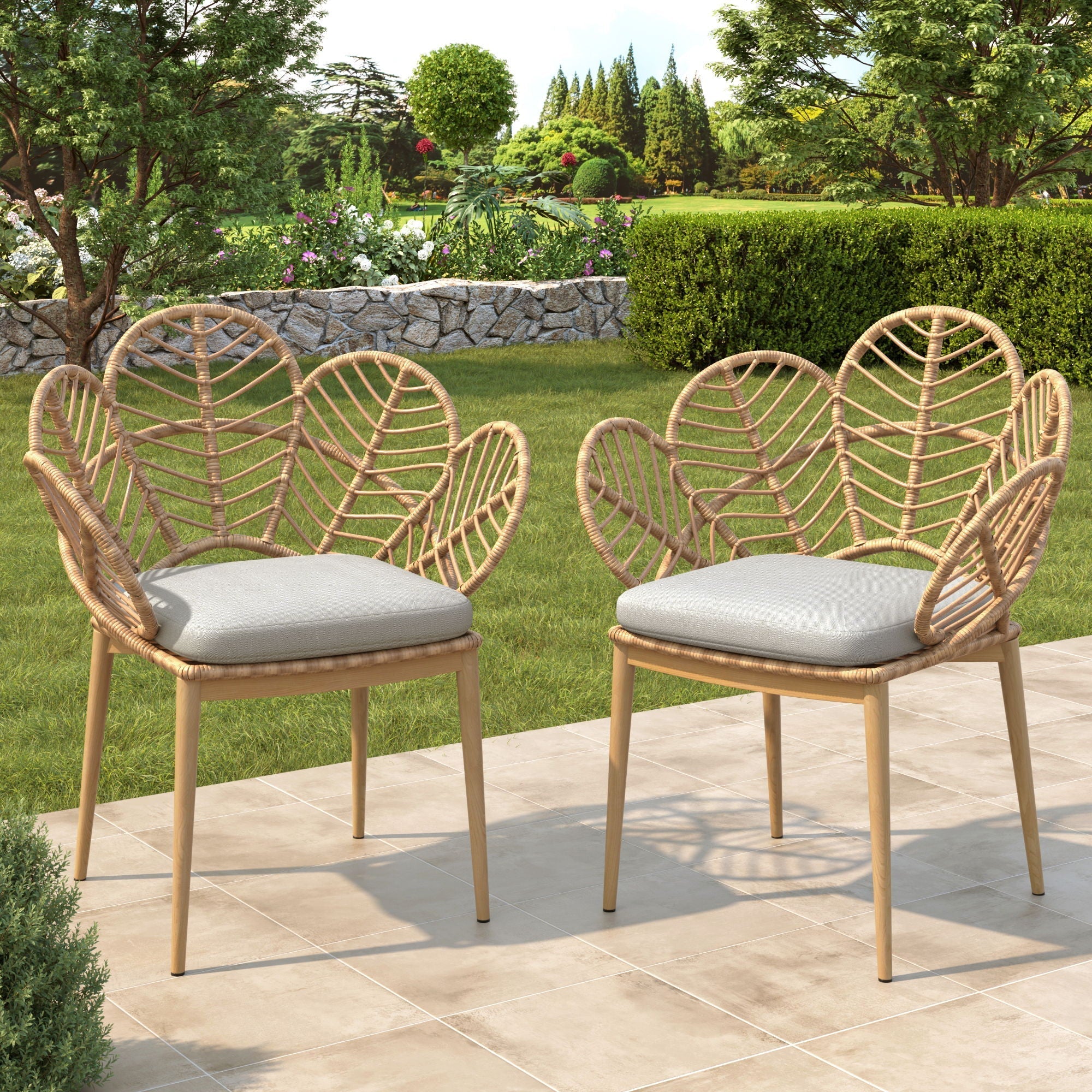 Kirk Outdoor Wicker Peacock Shape Papasan Style Chair Set of 2