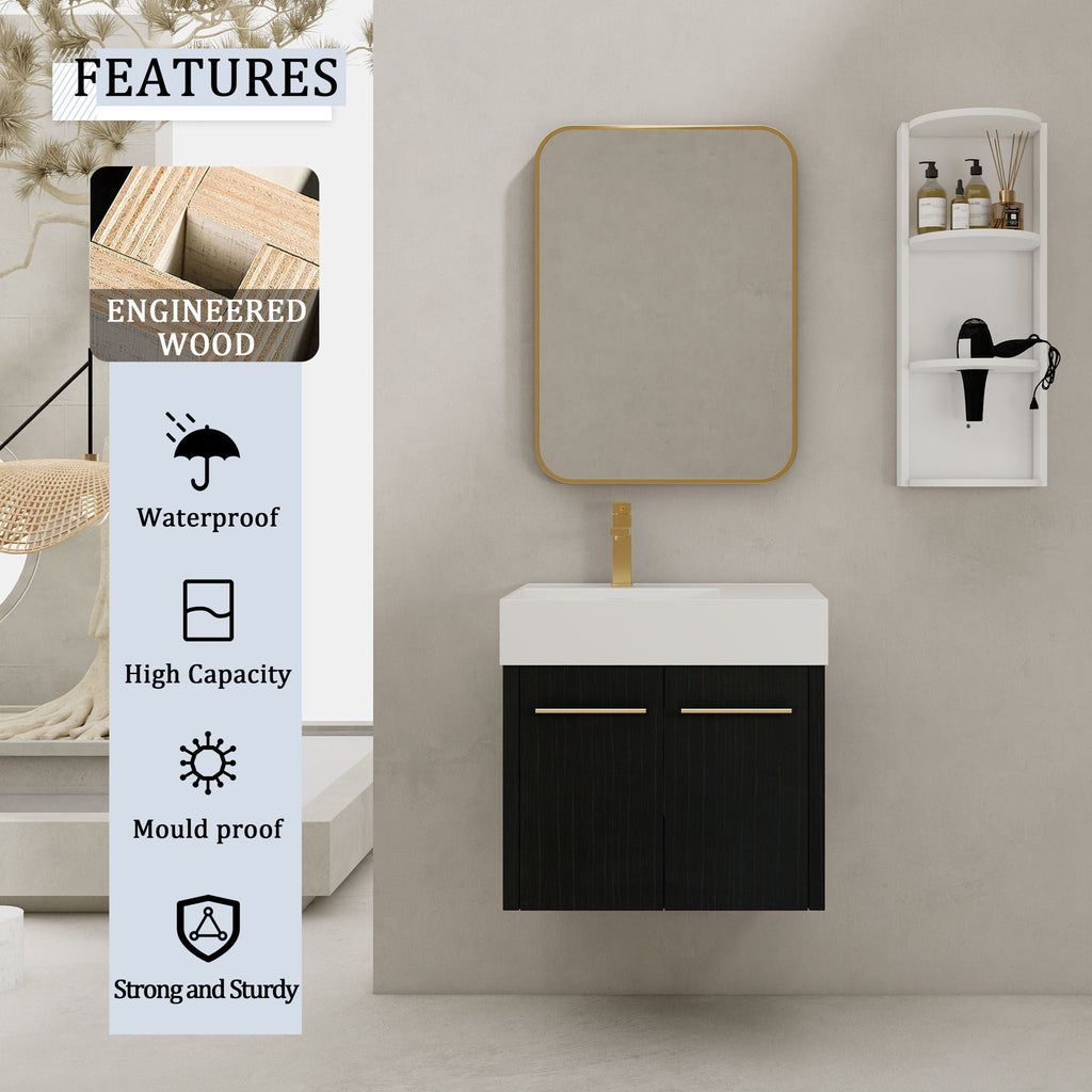 Modern Wall Mounted Bathroom Vanity with Resin Sink and Storage Rack