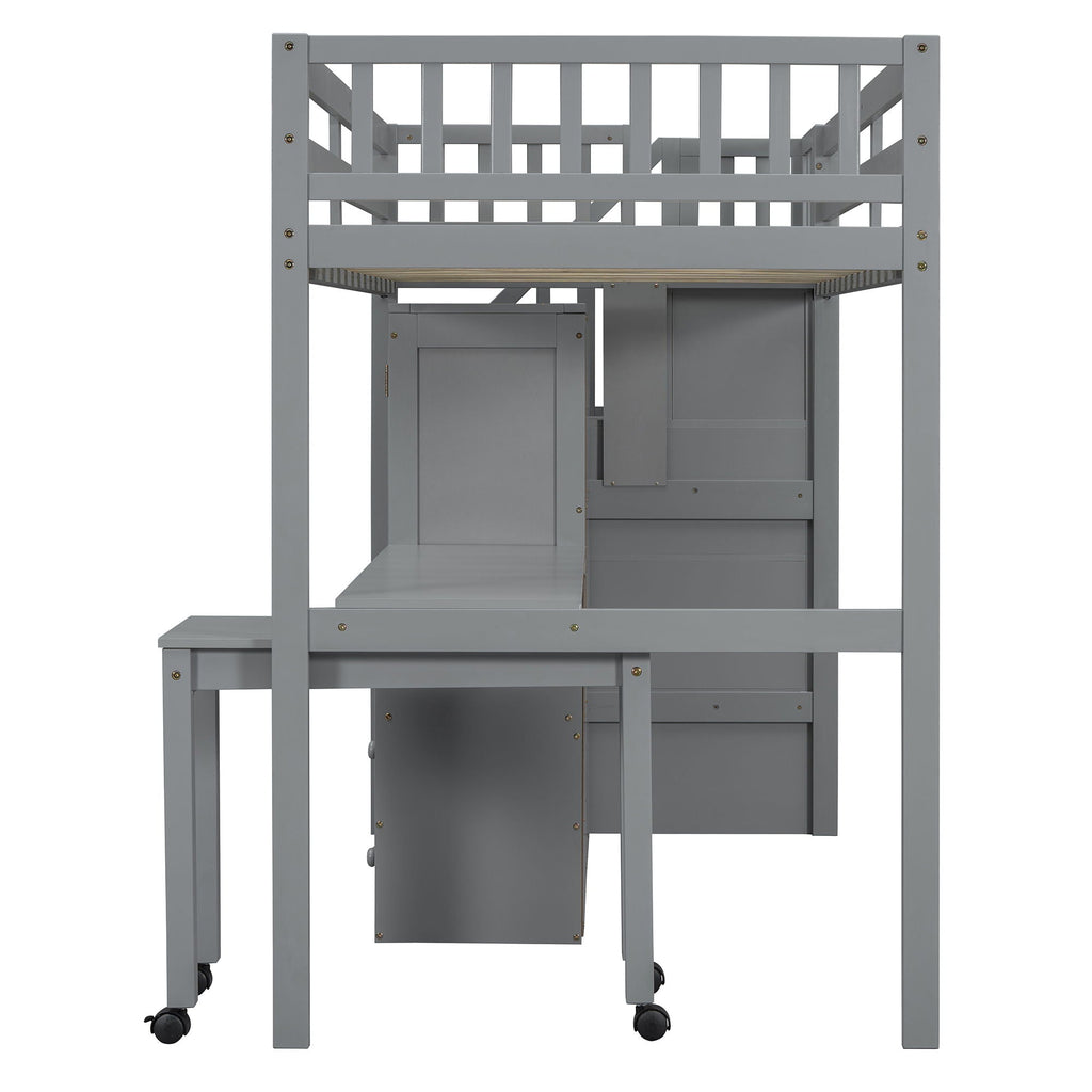 Loft Bed With Stairs, Bookshelf, Drawers, Desk & Wardrobe, Space Saving Multifunctional Furniture
