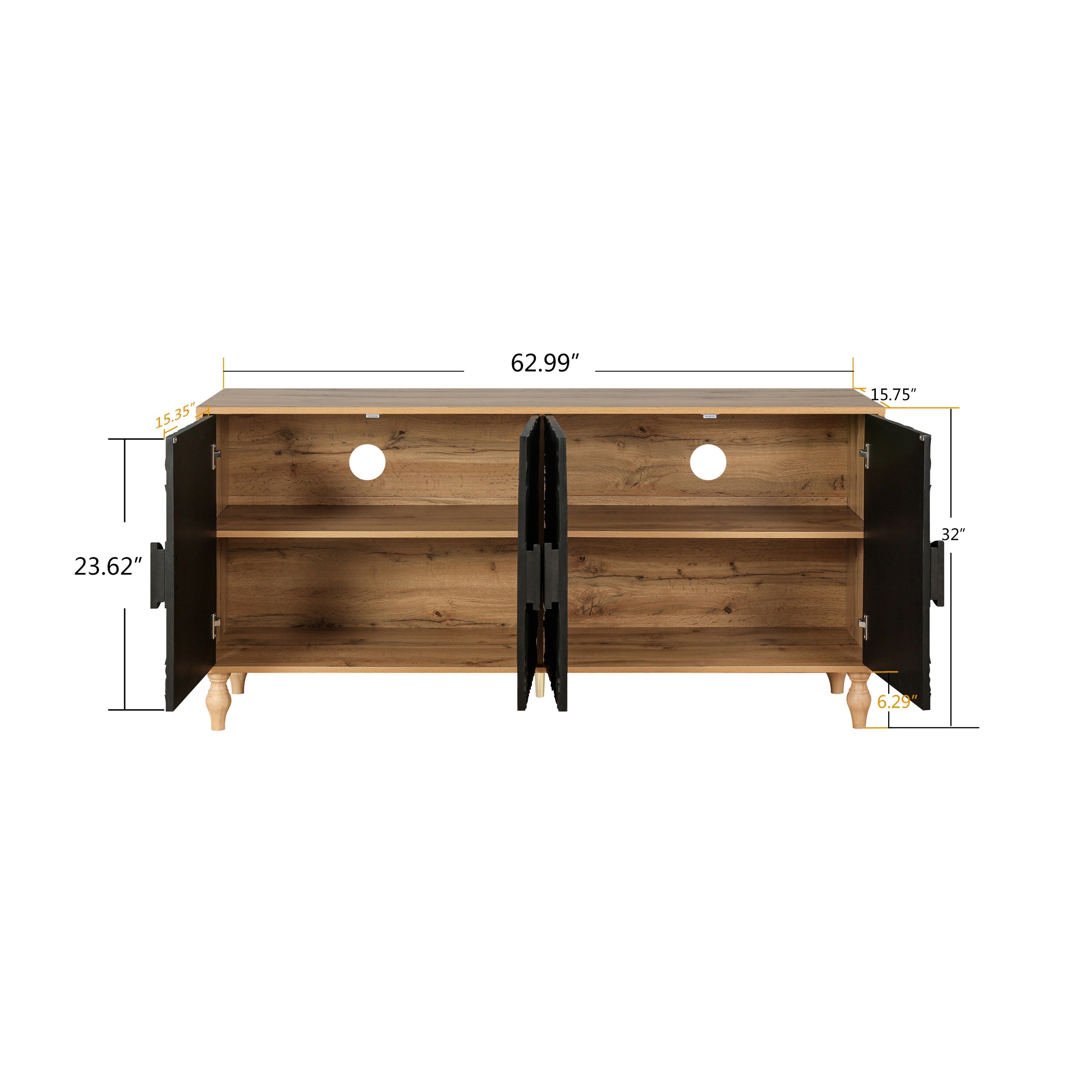 Black Carved Symmetrical Design Door And Wood Coloured Frame TV Stand