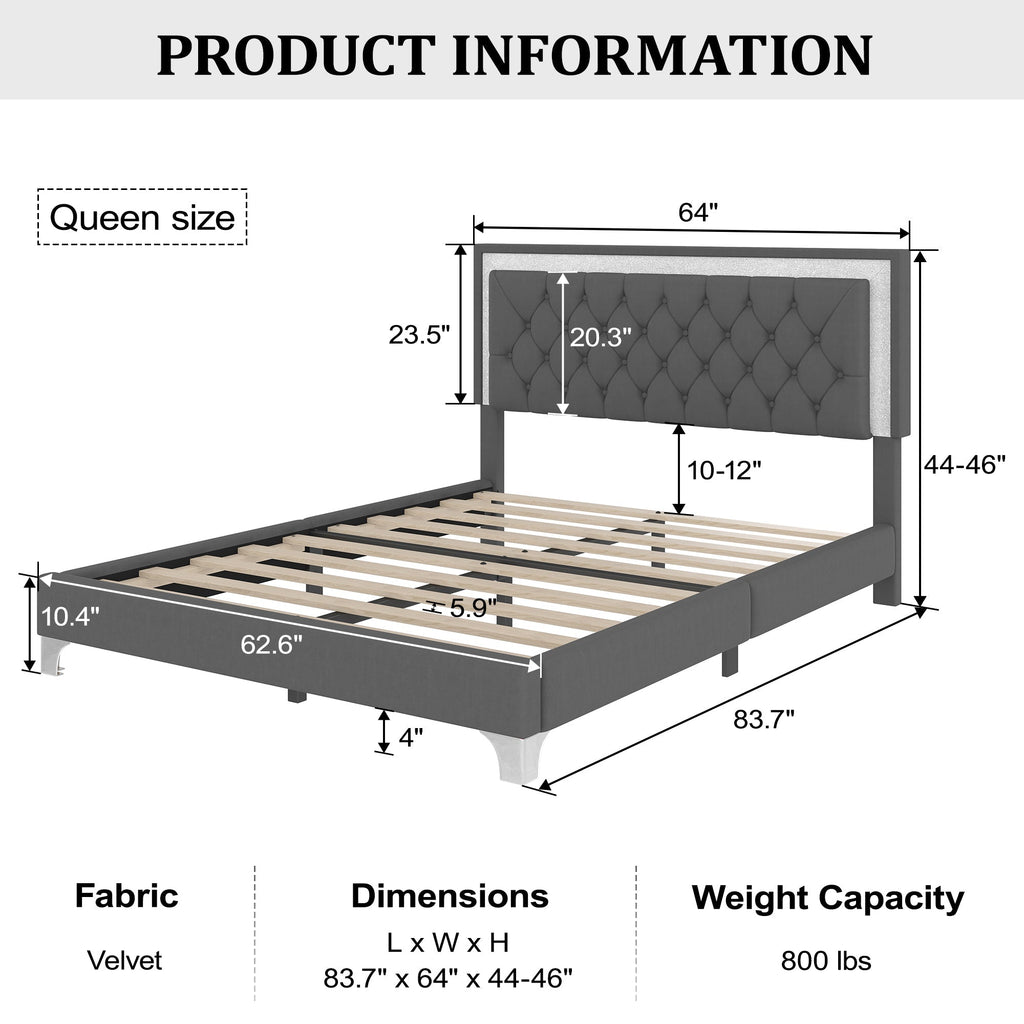 3-Pieces Bedroom Set, Queen Size Upholstered Platform Bed with LED Lights and Two Nightstands - Gray