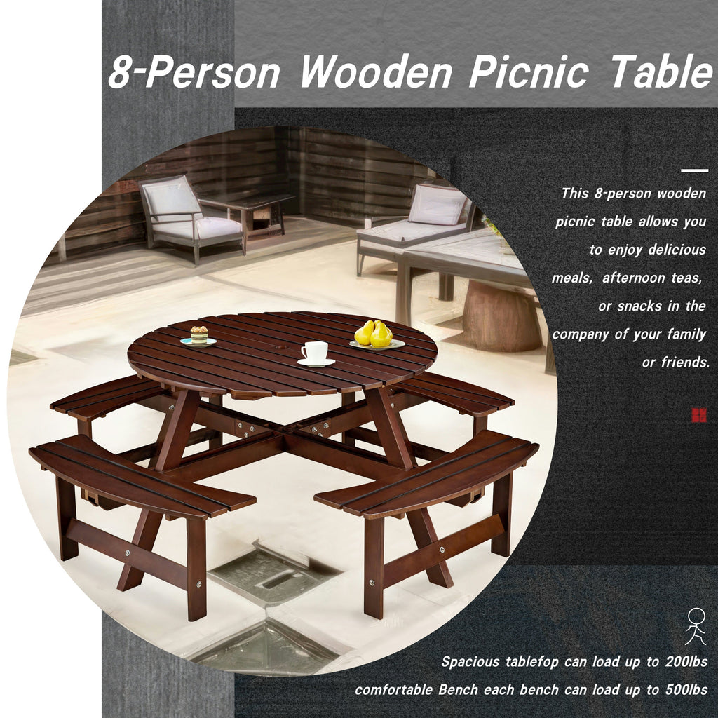 Outdoor 8 Person Round Picnic Table with Built-In Benches