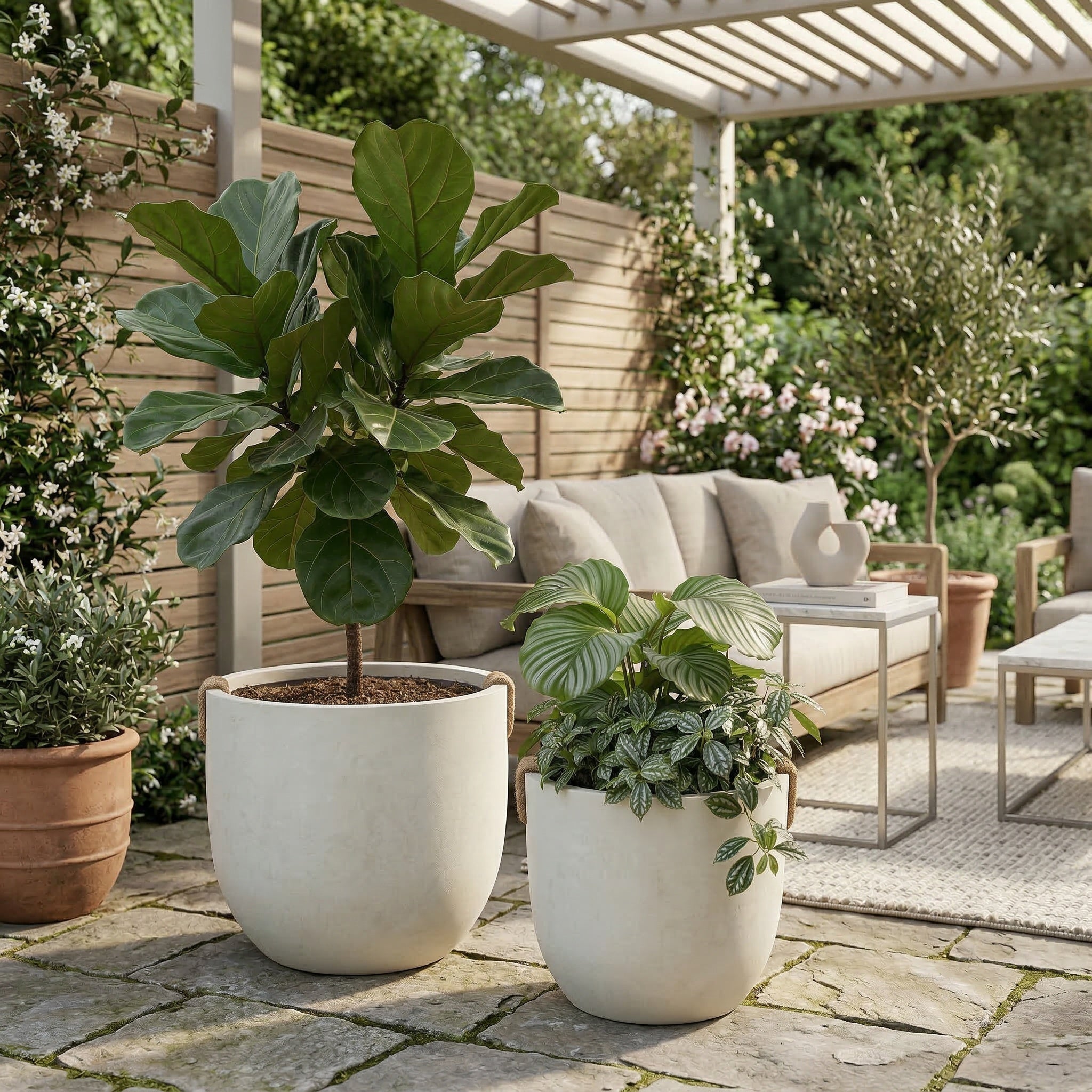 Round Concrete Planter Set of 2, Large Handmade Off White Pots