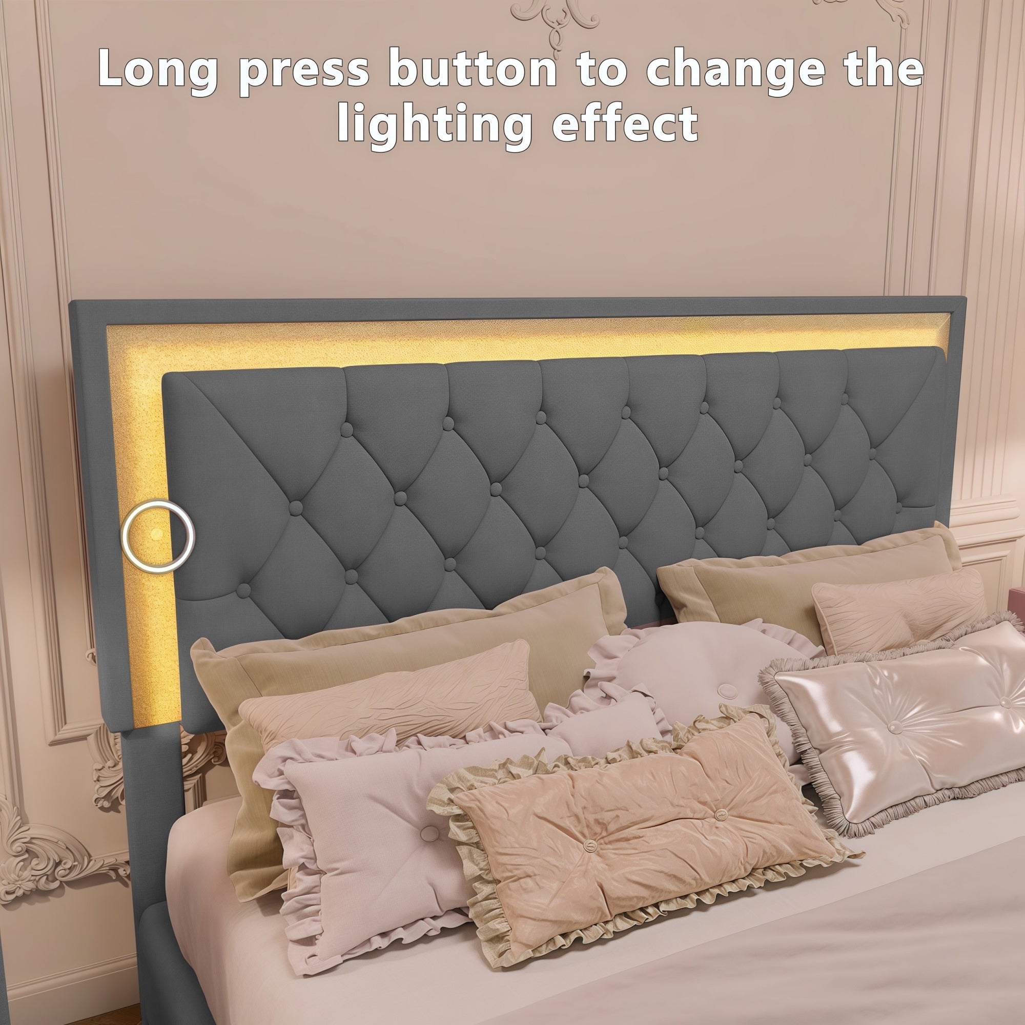 3-Pieces Bedroom Set, Queen Size Upholstered Platform Bed with LED Lights and Two Nightstands - Gray