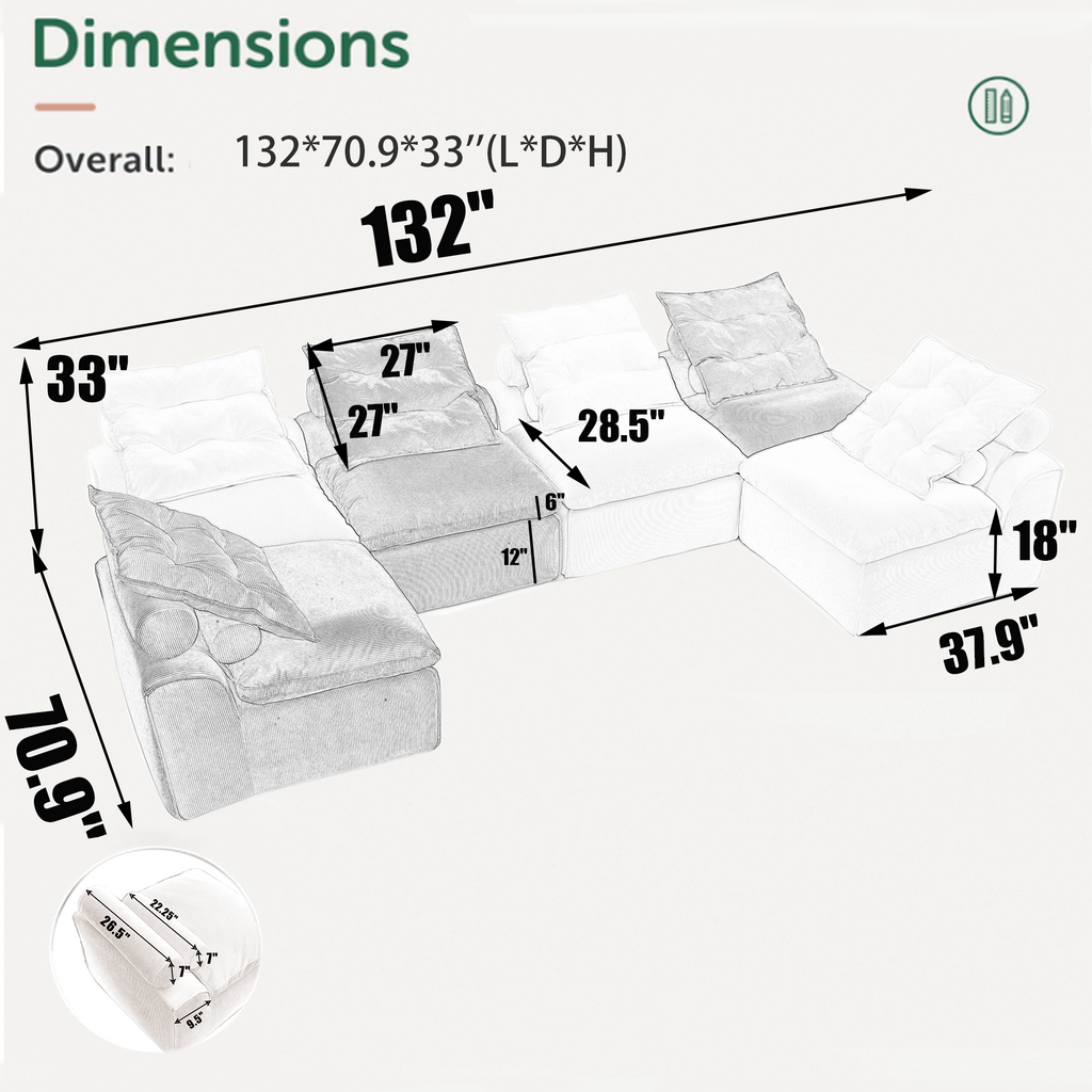 Modular Sofa 6-Piece Set in Beige Corduroy by GigaTech