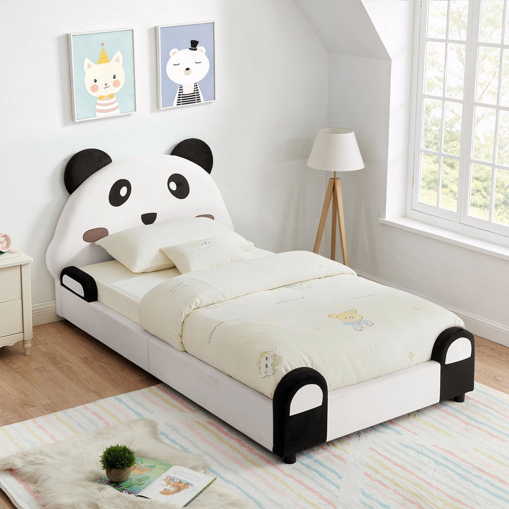 Twin Size Cute Panda-Shaped Kids Bed with Velvet Fabric