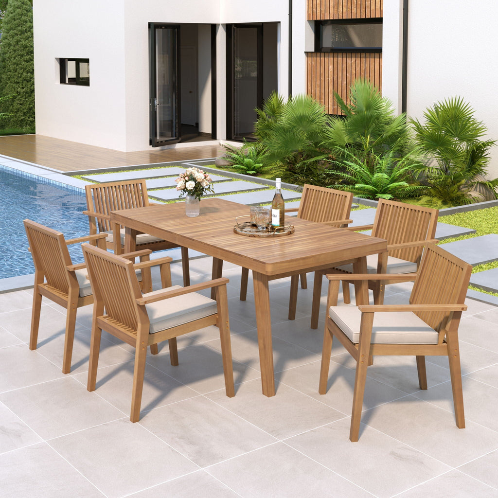 7 Piece Patio Furniture Set Acacia Wood Table And 6 Cushioned Chairs