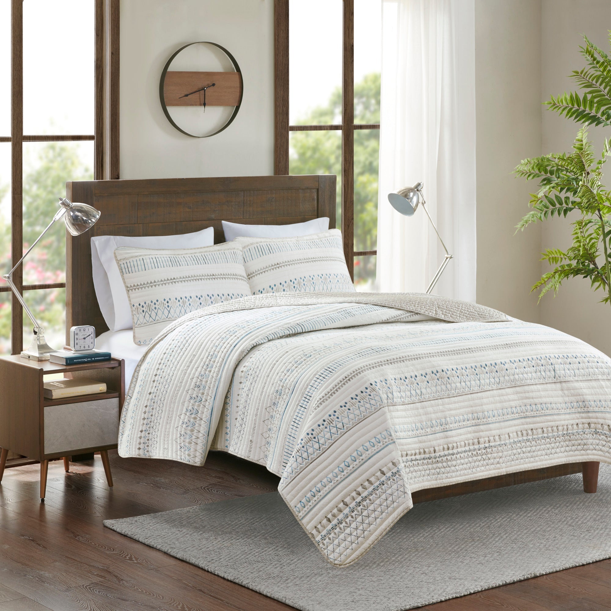 3 Piece Seersucker Quilt Set Taupe Blue King Cal King