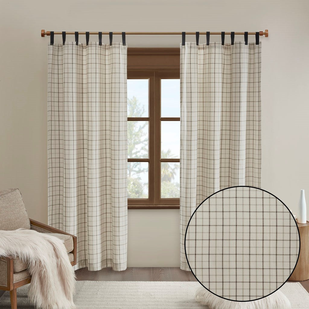 Plaid Faux Leather Tab Top Curtain Panel with Fleece Lining