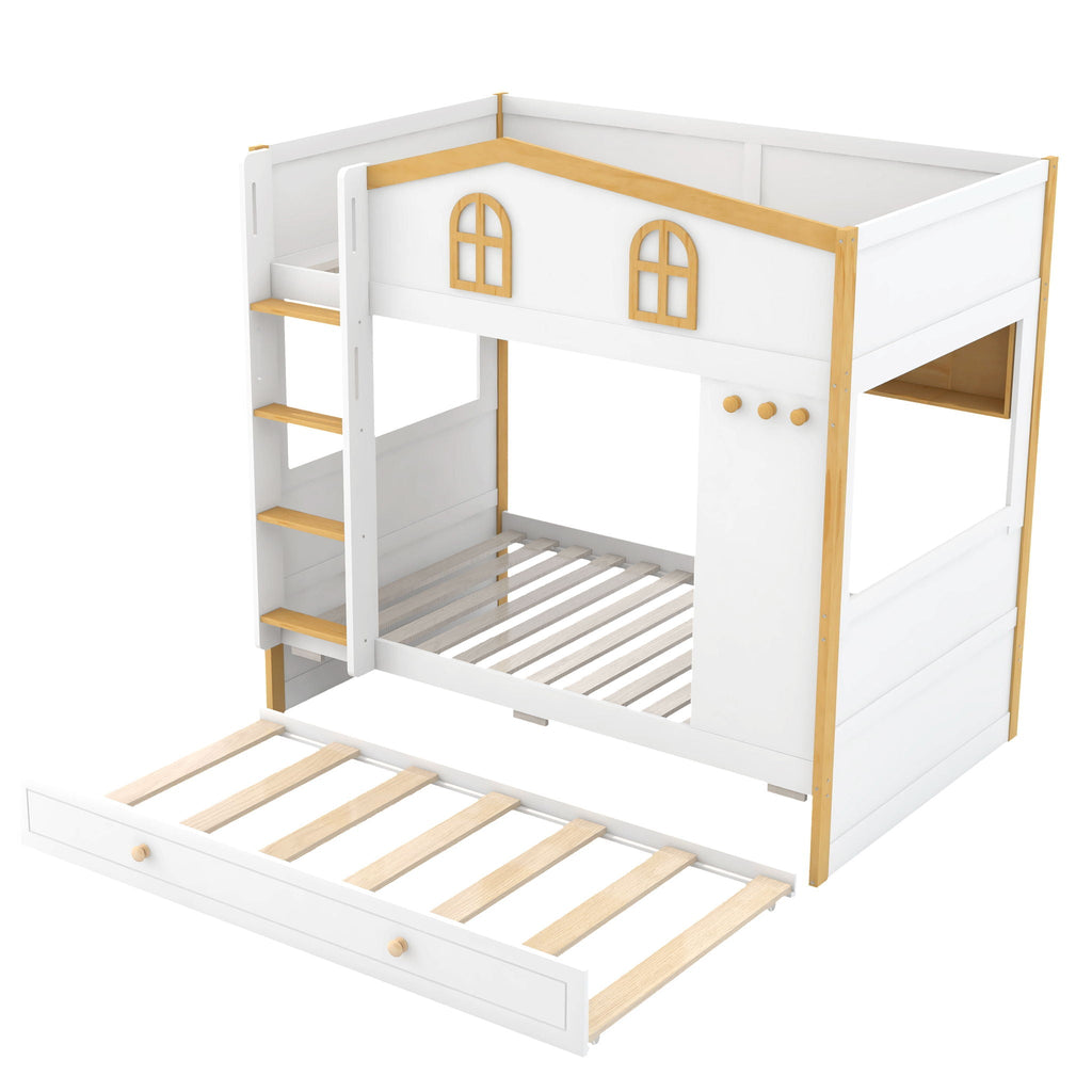 Bunk Bed With House Shaped Guardrails, Storage Shelves, And Trundle