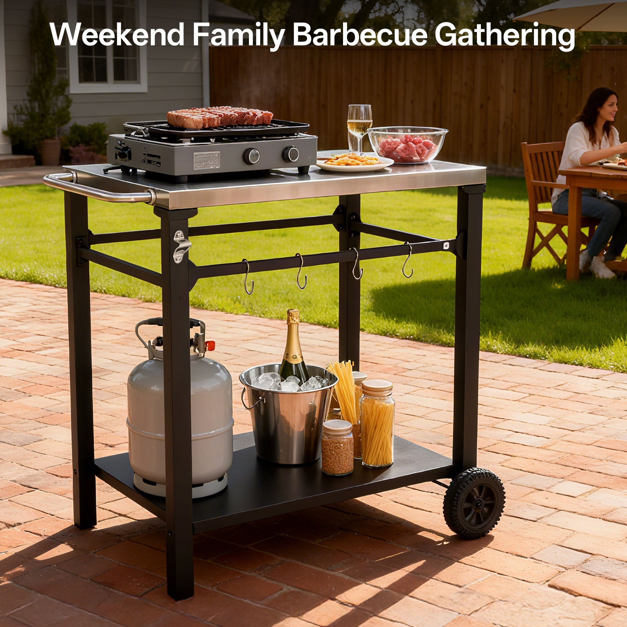 2-Tier Outdoor Grill Cart with Stainless Steel Top, Large Wheels & Tool Hooks