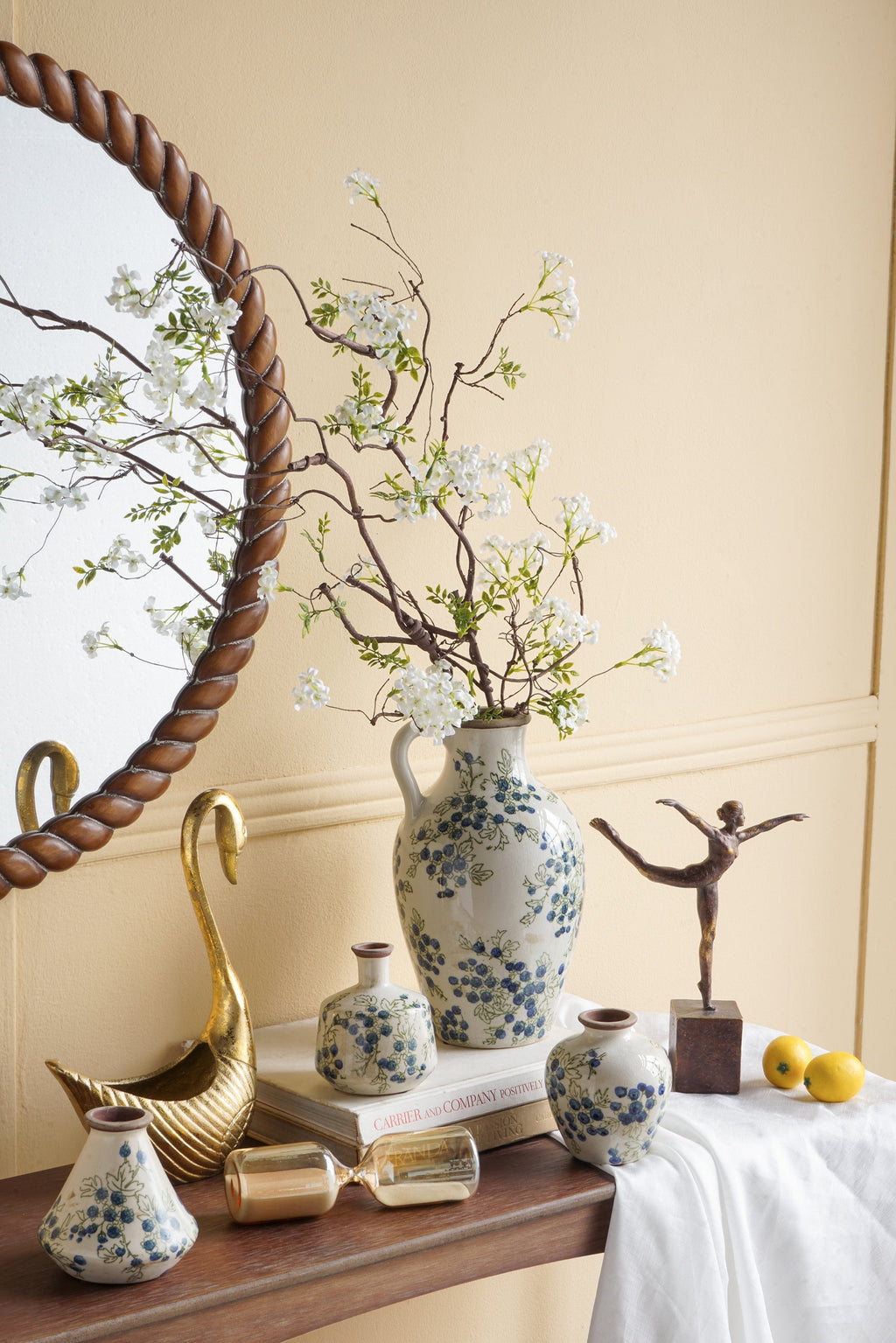 7.5x7.3x12" White Ceramic Vase with Blueberry Motif