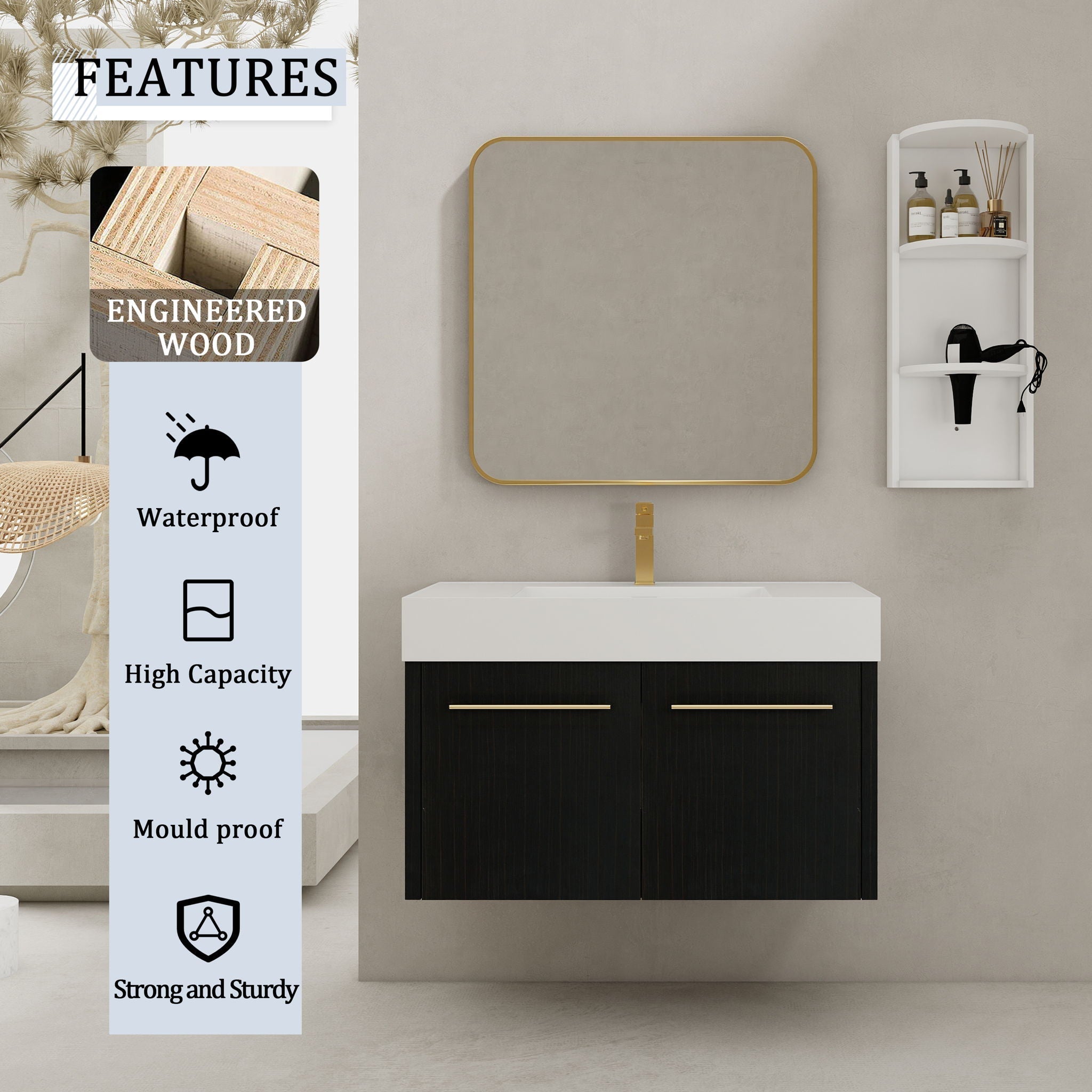 Modern Wall Mounted Bathroom Vanity with Resin Sink and Storage Rack