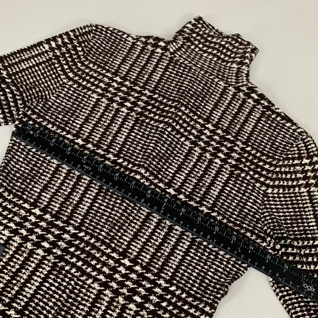 NORMA KAMALI Front Zip Slim Fit Turtle Top Women's Sz S/36 Chocolate Plaid Tweed
