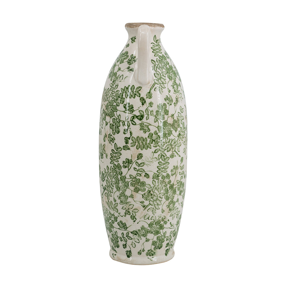 5.9x5.9x15.6' White Ceramic Flower Vase with Green Floral Pattern and Small Handles
