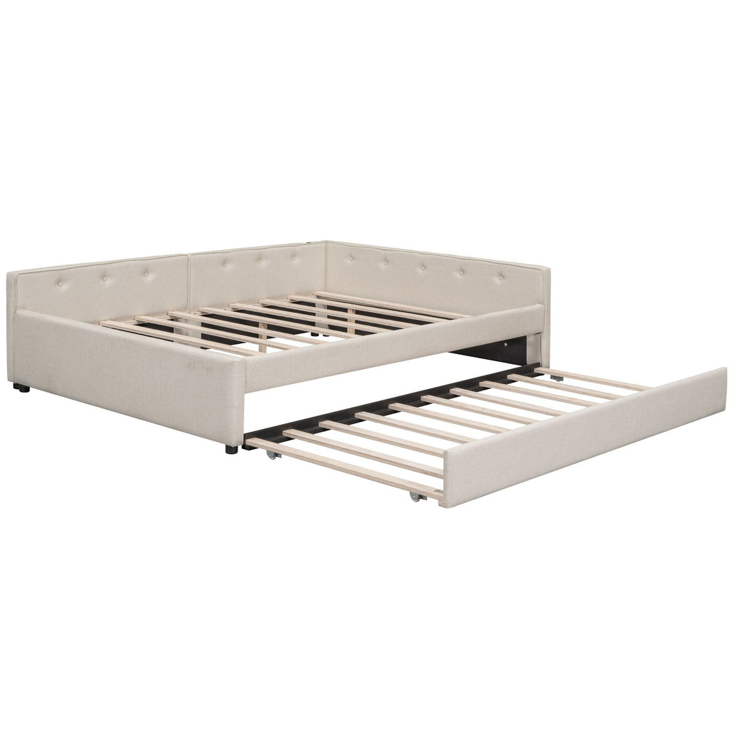 Queen Size Upholstered Platform Bed With USB And Twin Trundle - Beige