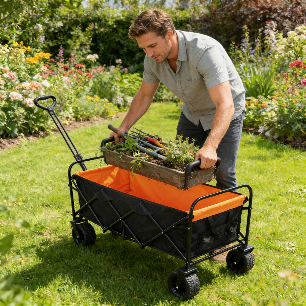 Big Large Capacity Folding Wagon Cart with Extender (Black + Orange)